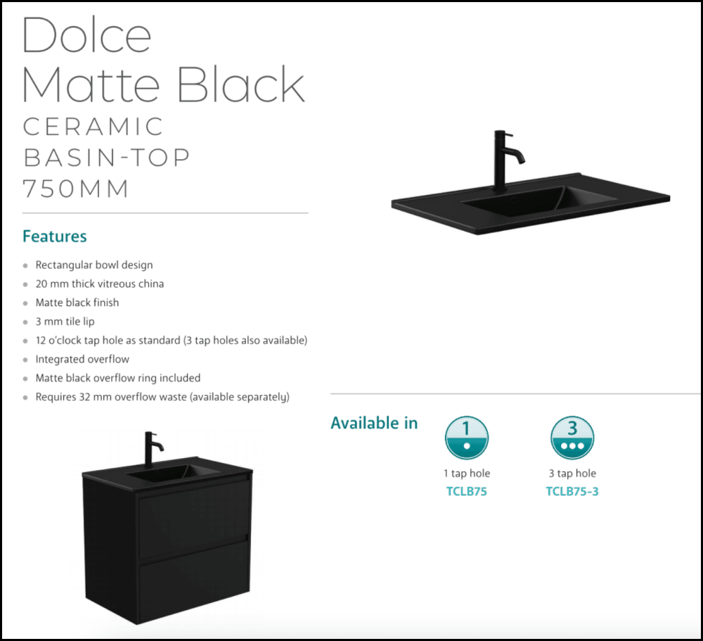 Fienza 750mm TCLB75ZBKL Dolce Matte Black Satin Vanity with Kickboard & Left Drawers - Modern Bathroom Makeup Vanity for Small Spaces & Powder Rooms