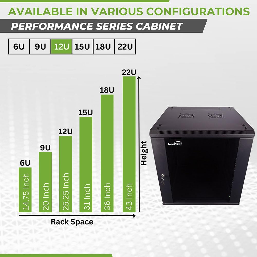NavePoint 12U Wall Mount Server Rack Cabinet - 19 Inch Network Rack Enclosure with Locking Glass Door, 2 Cooling Fans & Removable Side Panels | 23.6