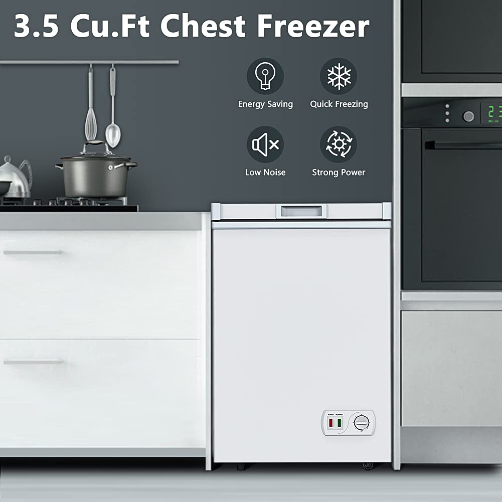 LifePlus 3.5 Cubic Feet Compact Chest Freezer - Energy Efficient & Ultra Quiet Deep Freezer with Removable Basket, Wheels for Easy Mobility - Perfect for Storing Meat, Breast Milk, Frozen Foods in Home, Garage or Basement