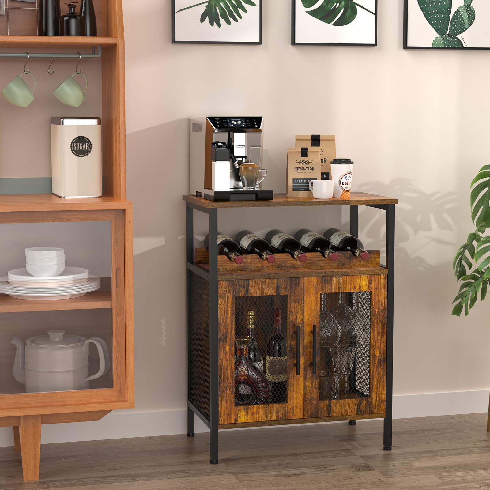 X-cosrack Rustic Brown Wine Bar Cabinet with Detachable Wine Rack & Glass Holder - Coffee Bar Sideboard Buffet Cabinet with Mesh Door - Perfect for Dining Room, Kitchen & Home Bar Storage (Patent Pending)