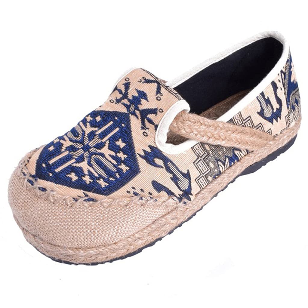 Boho Women's Flats Shoes - Handmade Cotton Linen Canvas Embroidered Round Toe Slip-Ons | Plus Size Comfortable Casual Footwear (Size 40) for Beach, Travel & Everyday Wear