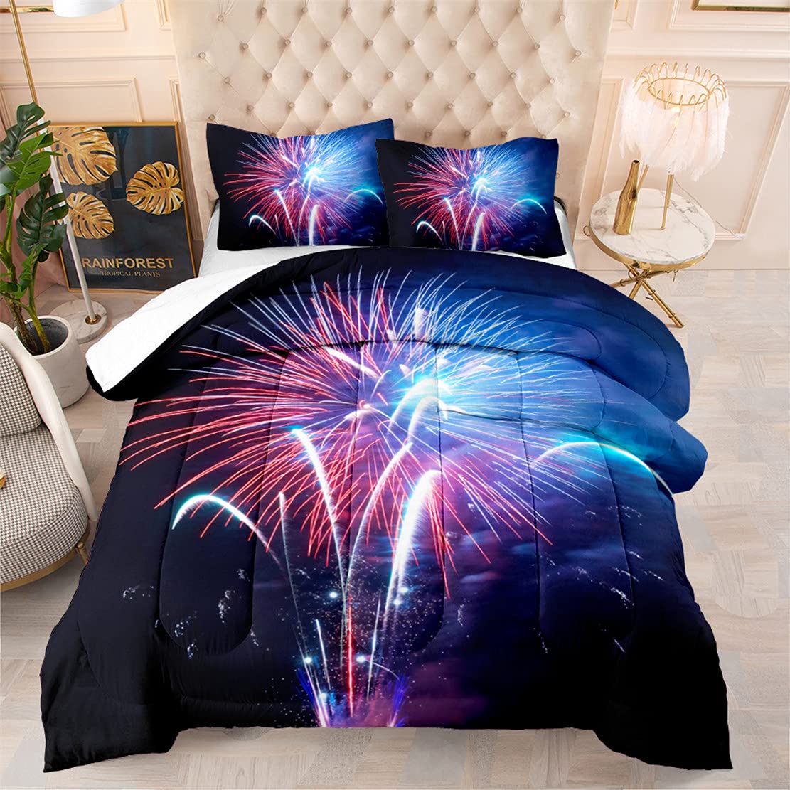 **EDUMEYA Queen Size Fireworks Comforter Set - Blooming Fireworks Bedding for Kids, Boys & Girls - Colorful Duvet Cover with 1 Comforter & 2 Pillowcases - Perfect for Festivals, Parties & Kids' Room Decor**