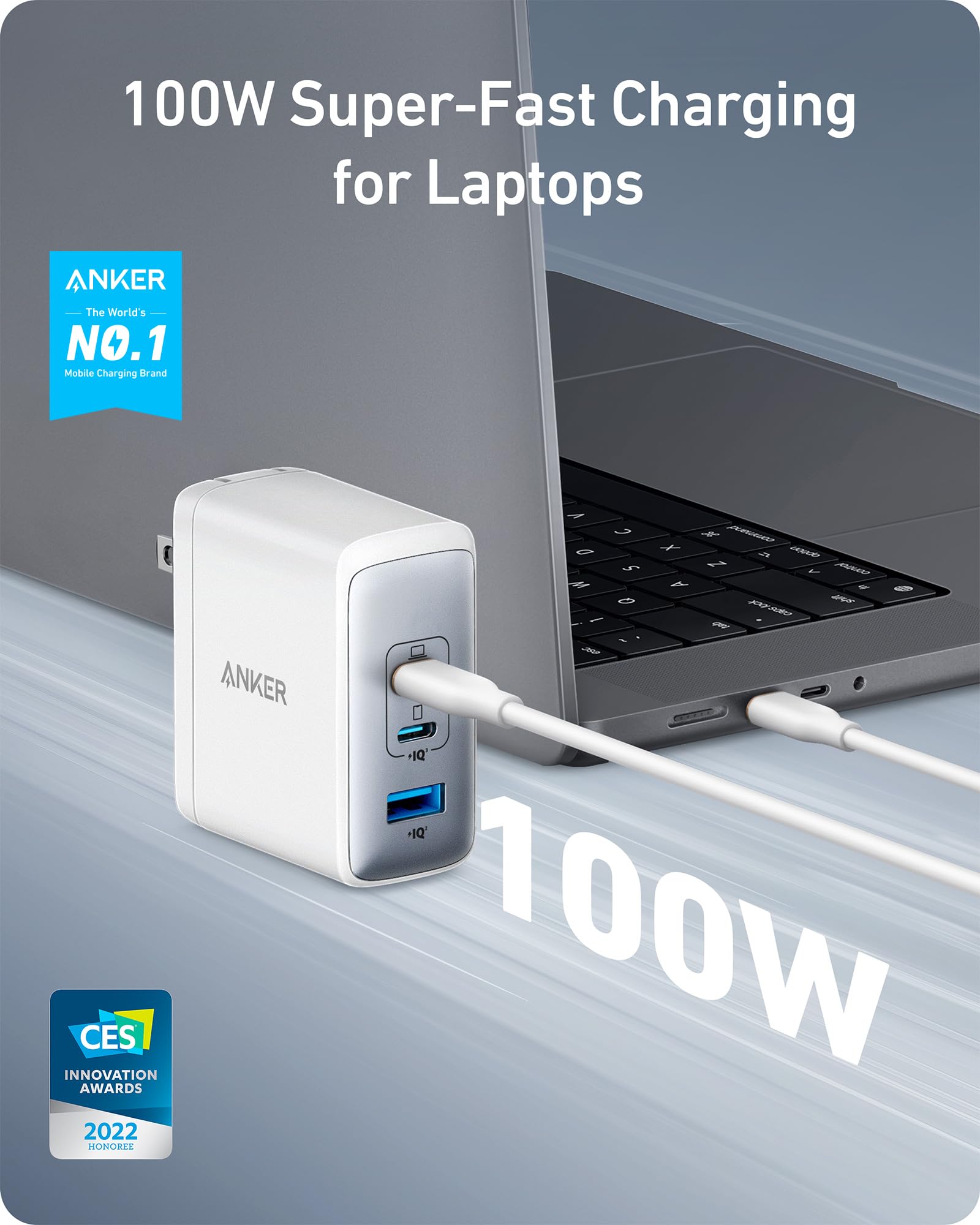 Anker 100W USB C GaN II Fast Charger - 3-Port Compact Wall Charger for MacBook, Dell XPS, iPad Pro, Galaxy S24, iPhone 16/15 - Perfect for Travel, Office & Home Charging Multiple Devices Simultaneously