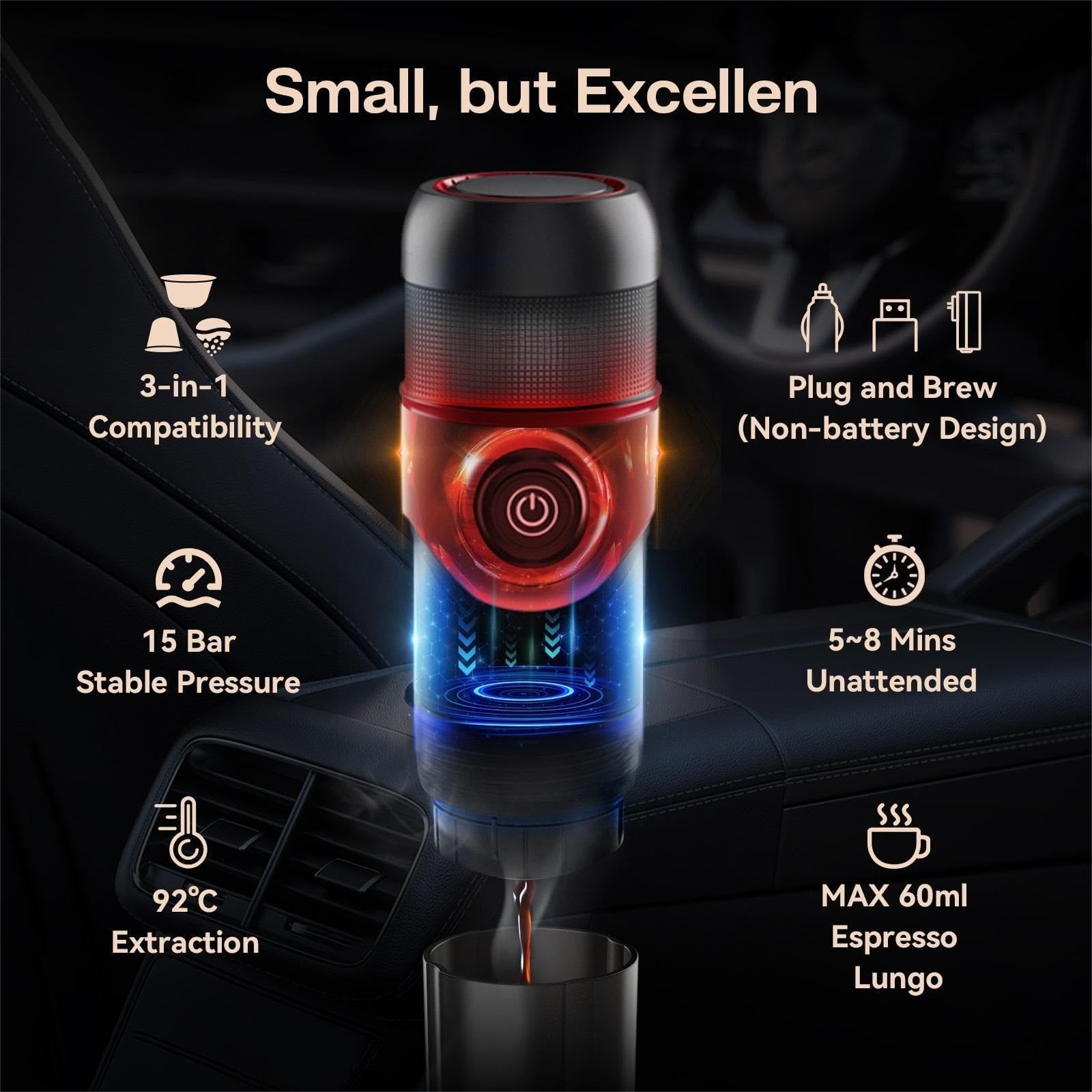 Portable 12V Car & Home Espresso Coffee Maker - Compatible with Nespresso & Ground Coffee, Includes H4 Adapter (China/EU Plug) - Perfect for Travel, Camping & Office Use