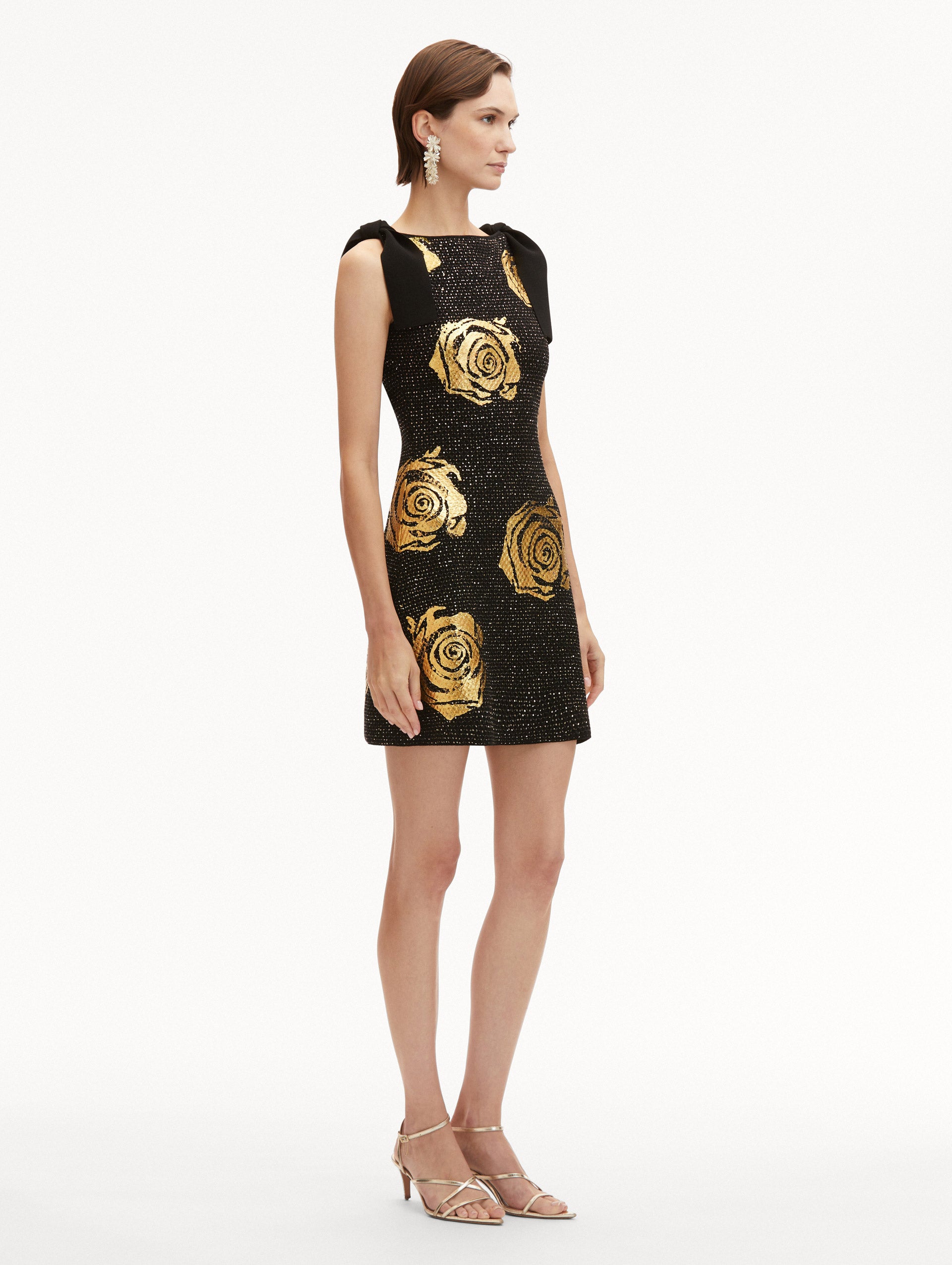Elegant Gold Foil Rose Knit Dress for Women - Perfect for Date Nights, Parties & Special Occasions