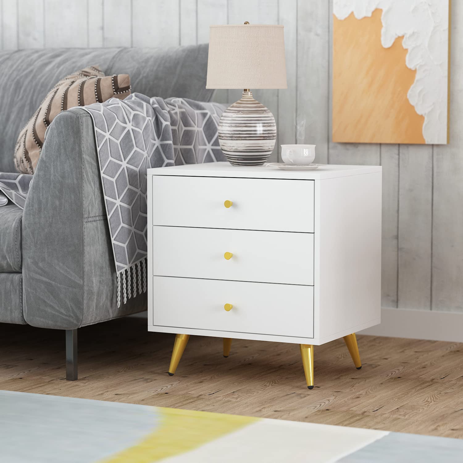 Homsee White Modern Nightstand Set of 2 - 3 Drawer Bedside Table with Sturdy Metal Legs, Versatile End Table for Bedroom & Living Room (19.7”L x 15.7”W x 21.3”H) - Perfect for Small Spaces, Apartment Furniture & Home Decor