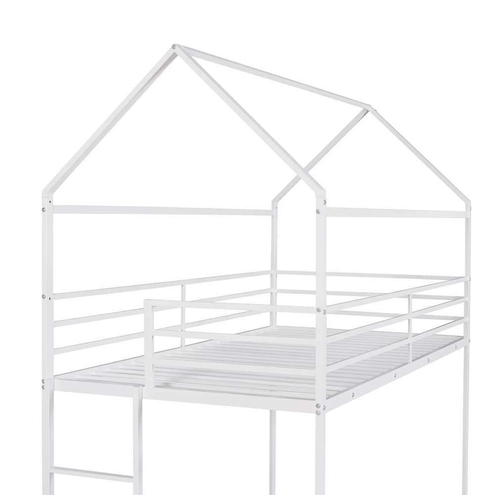 **Metal Twin Over Twin Low Bunk Bed with Roof - Full-Length Guardrail & Ladder - Space-Saving House Bed for Kids & Teens - No Box Spring Needed - White - Perfect for Small Rooms, Dormitories & Shared Kids' Bedrooms**