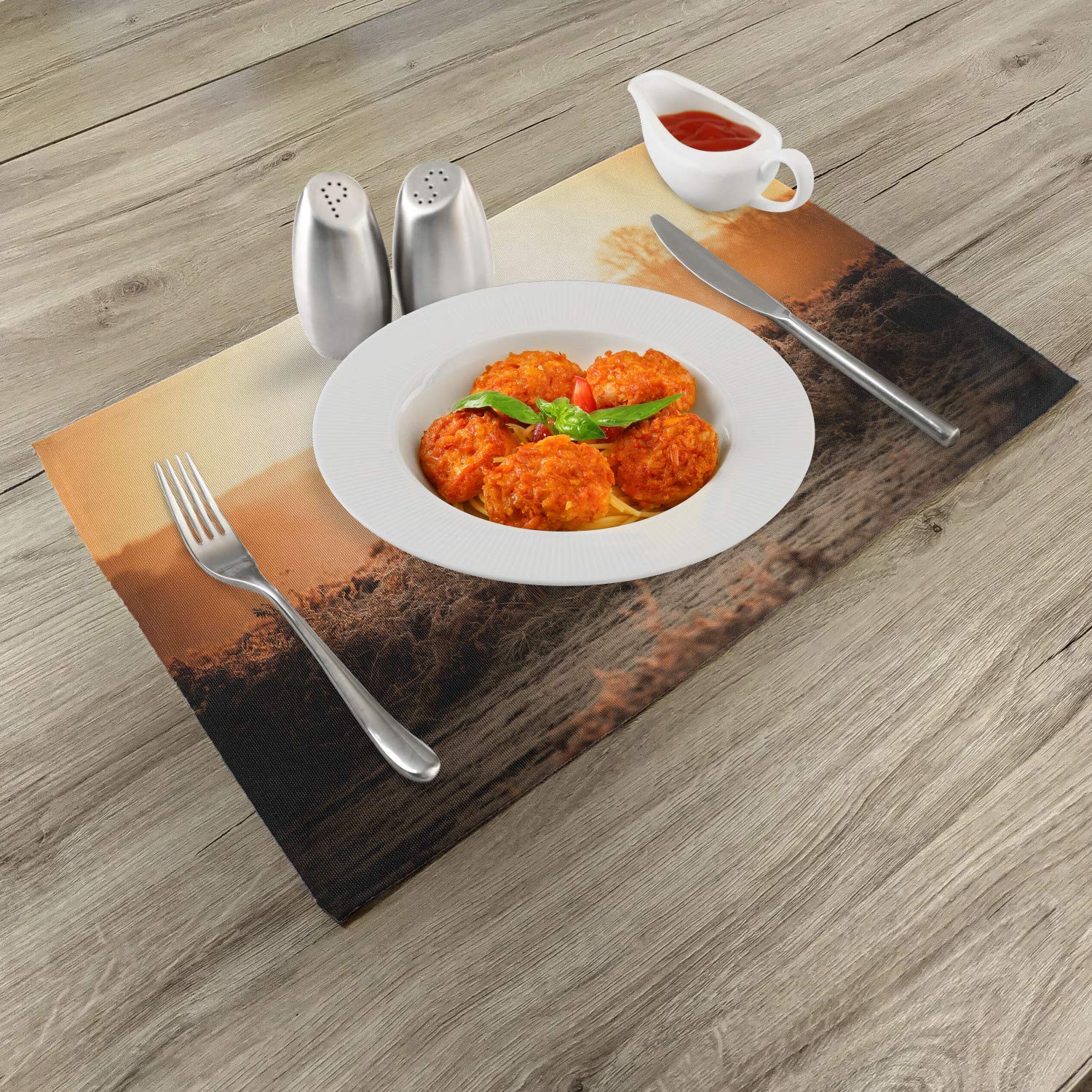 Ambesonne Hunting Placemats Set of 4 - Red Deer in Morning Sun Wilderness Nature Scenery, Washable Fabric Dining Table Mats, Standard Size (Brown/Orange) - Perfect for Rustic Cabin, Lodge, or Country-Themed Home Decor