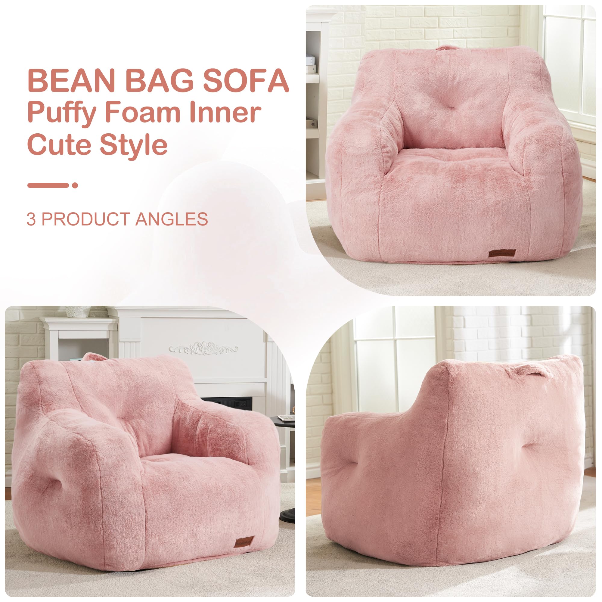 Hobestluk Furry Bean Bag Chair with Arms & Foam Filler - Small Bean Bag Sofa for Adults, Teens - Cozy Reading Chair for Bedroom, Living Room, Dorm, Game Room - Soft Pink Plush Seating (Pink)