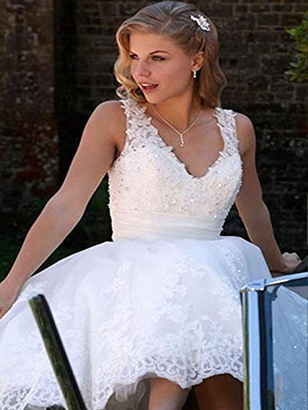 Elegant Short Lace Wedding Dress | Knee-Length Tulle Bridal Gown with Rhinestones & V-Neck | Perfect for Beach Weddings, Destination Elopements & Vintage-Inspired Brides