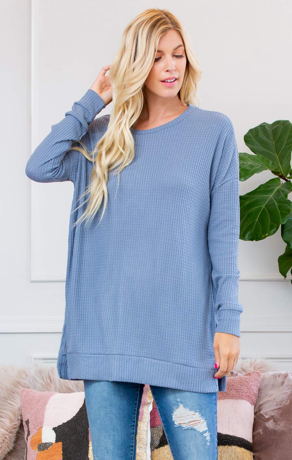 RIAH FASHION Women's Waffle Knit Henley T-Shirt Tunic - Soft Loose Fit Round Neck Long Sleeve Casual Top for Fall & Winter | Perfect for Layering, Daily Wear and Office Outfits