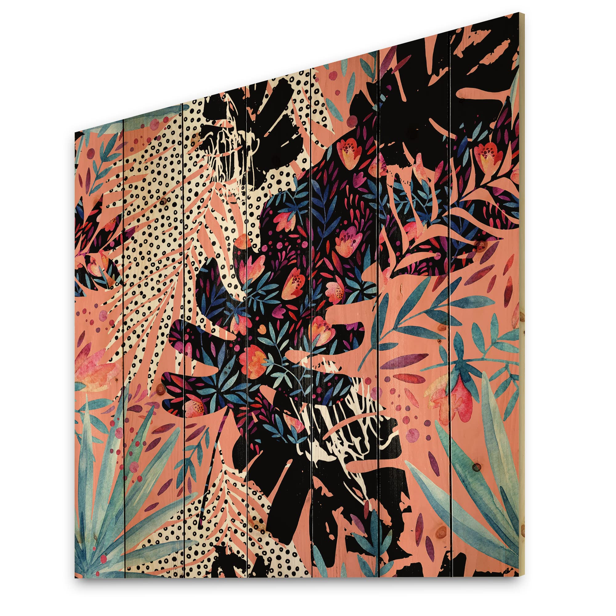 DesignQ Tropical Floral Patchwork Wood Wall Decor - Black Wood Art Panel with Large Floral Print on Natural Pine - Perfect for Living Room, Bedroom & Boho Home Decor