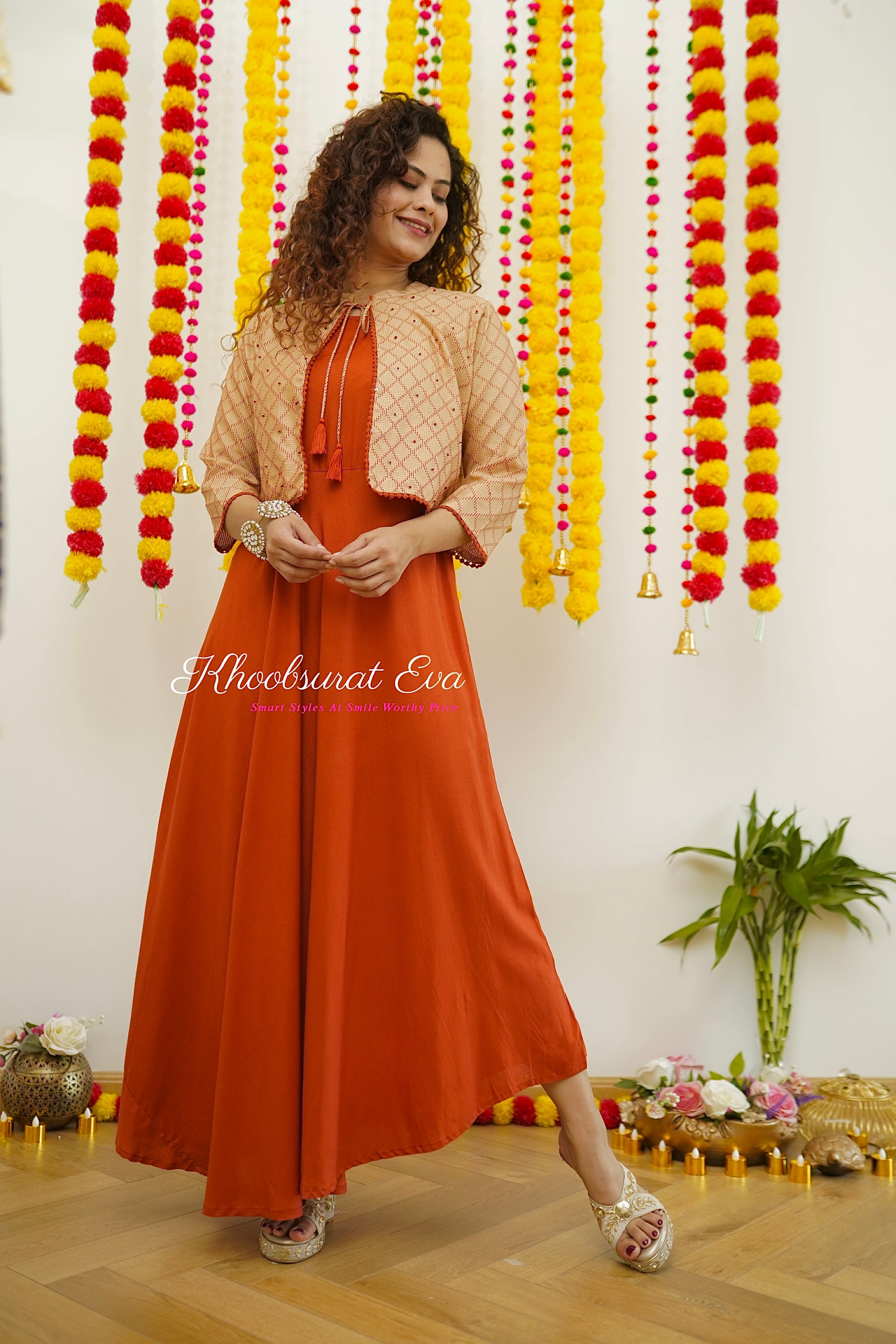 Elegant Red Beige Embroidered Jacket Maxi Dress for Women - Perfect for Weddings, Parties & Special Occasions