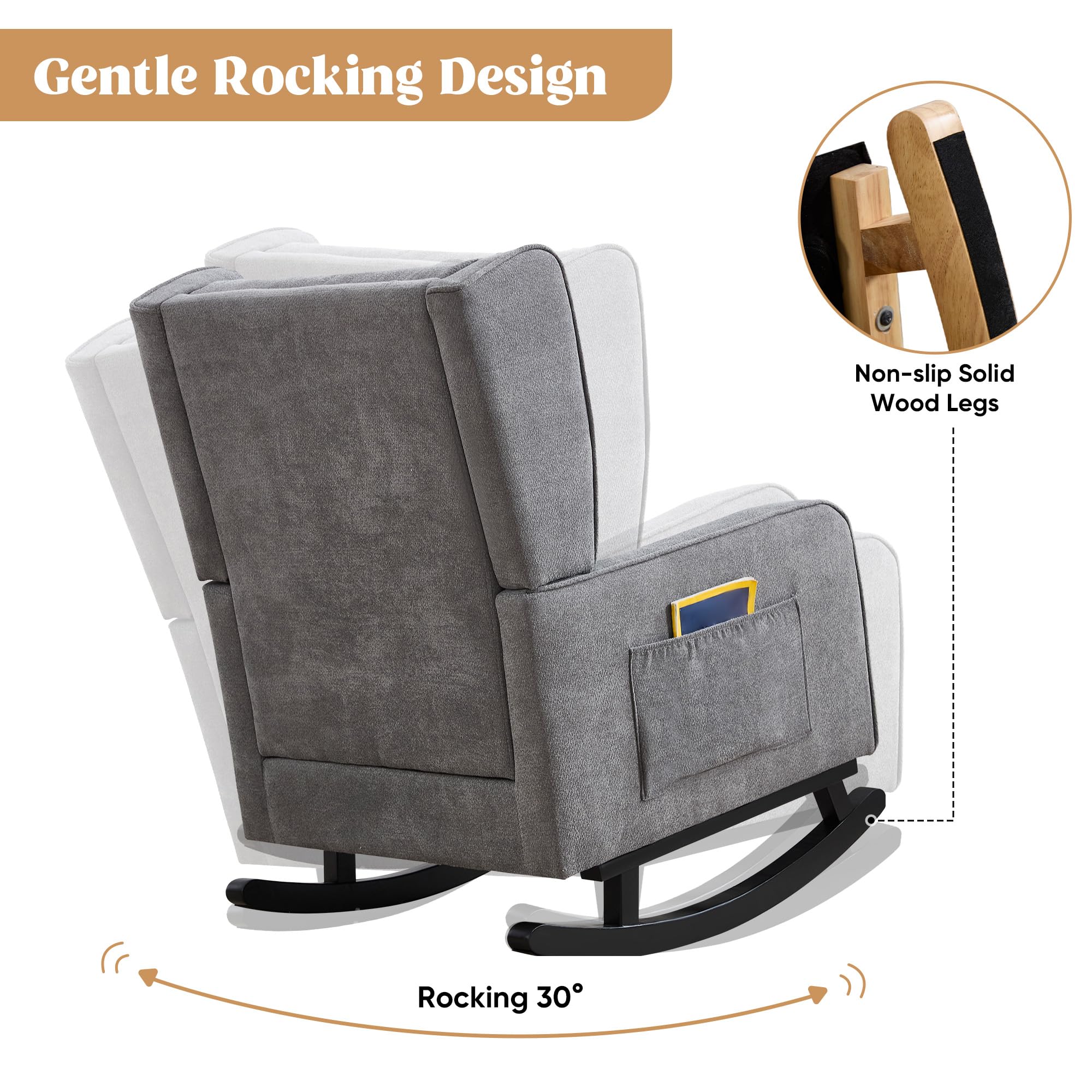 Modern Nursery Rocking Chair for Mom - High Backrest Solid Wood Rocker, Wingback Accent Chair for Reading in Living Room & Bedroom - Deep Grey | Perfect for Nursing, Relaxing & Nursery Decor
