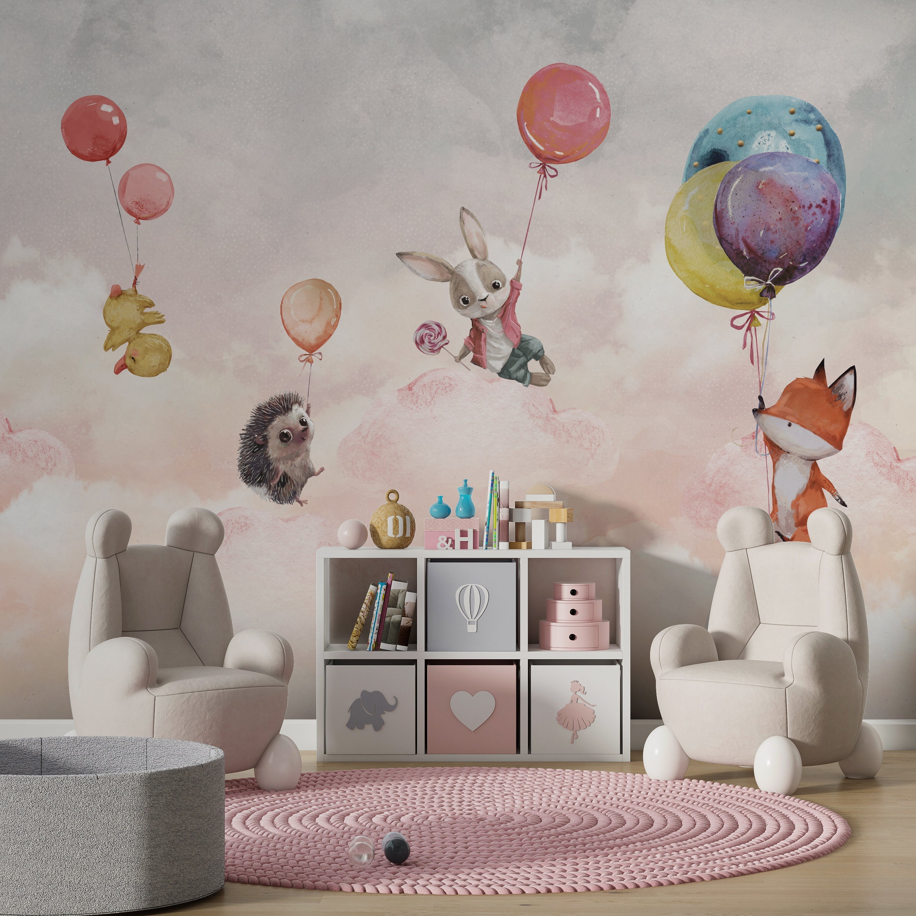 Animals on Balloon Kids Nursery Wallpaper Mural - Colorful Animal-Themed Wall Decals for Baby Room & Playroom Decor