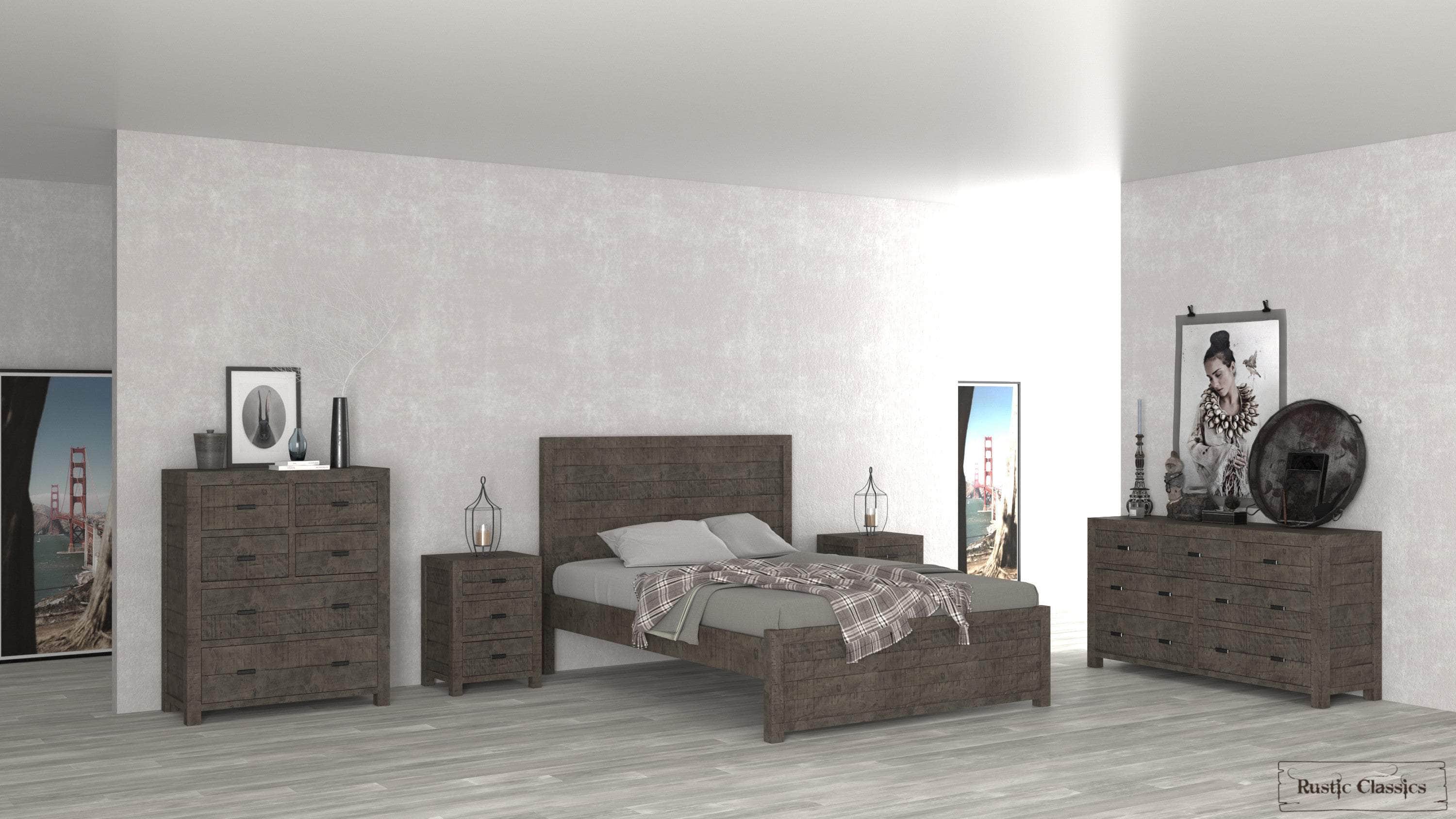 Whistler 5-Piece Reclaimed Wood Platform Bedroom Set in Grey - Queen/King Size - Rustic Modern Bedroom Furniture for Master & Guest Rooms
