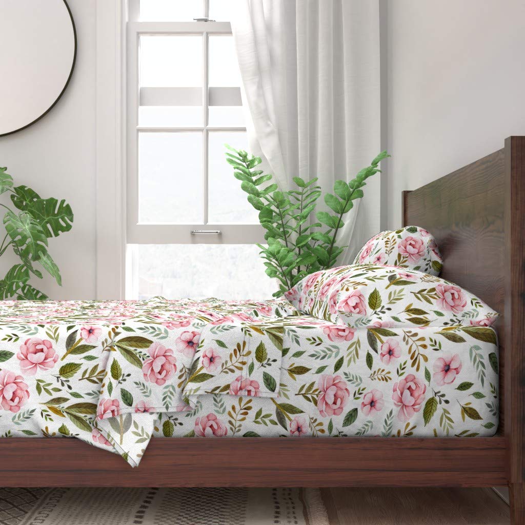 Strawberry Roses White Floral 100% Cotton Queen 4-Piece Sheet Set | Cottage Chic Pink Boho Print Bedding for Girls Room & Nursery Decor | Soft Breathable Custom Bed Sheets for Baby, Kids & Teens