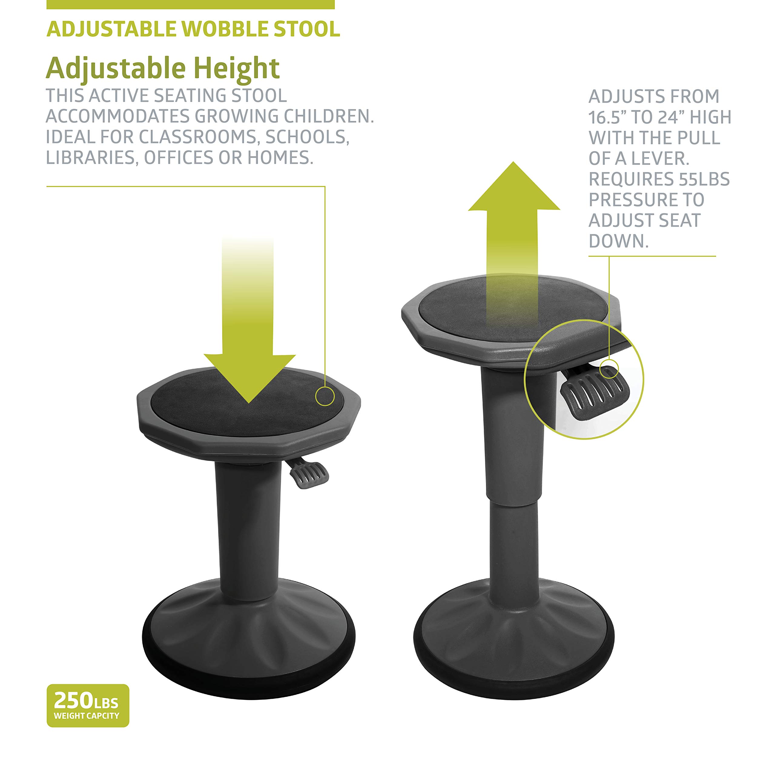 Pearington SitFree Height Adjustable Wobble Stool - Active Flexible Seating Chair for Kids & Adults - Ergonomic Office & Classroom Chair - Black - Perfect for Home Office, School & ADHD Focus
