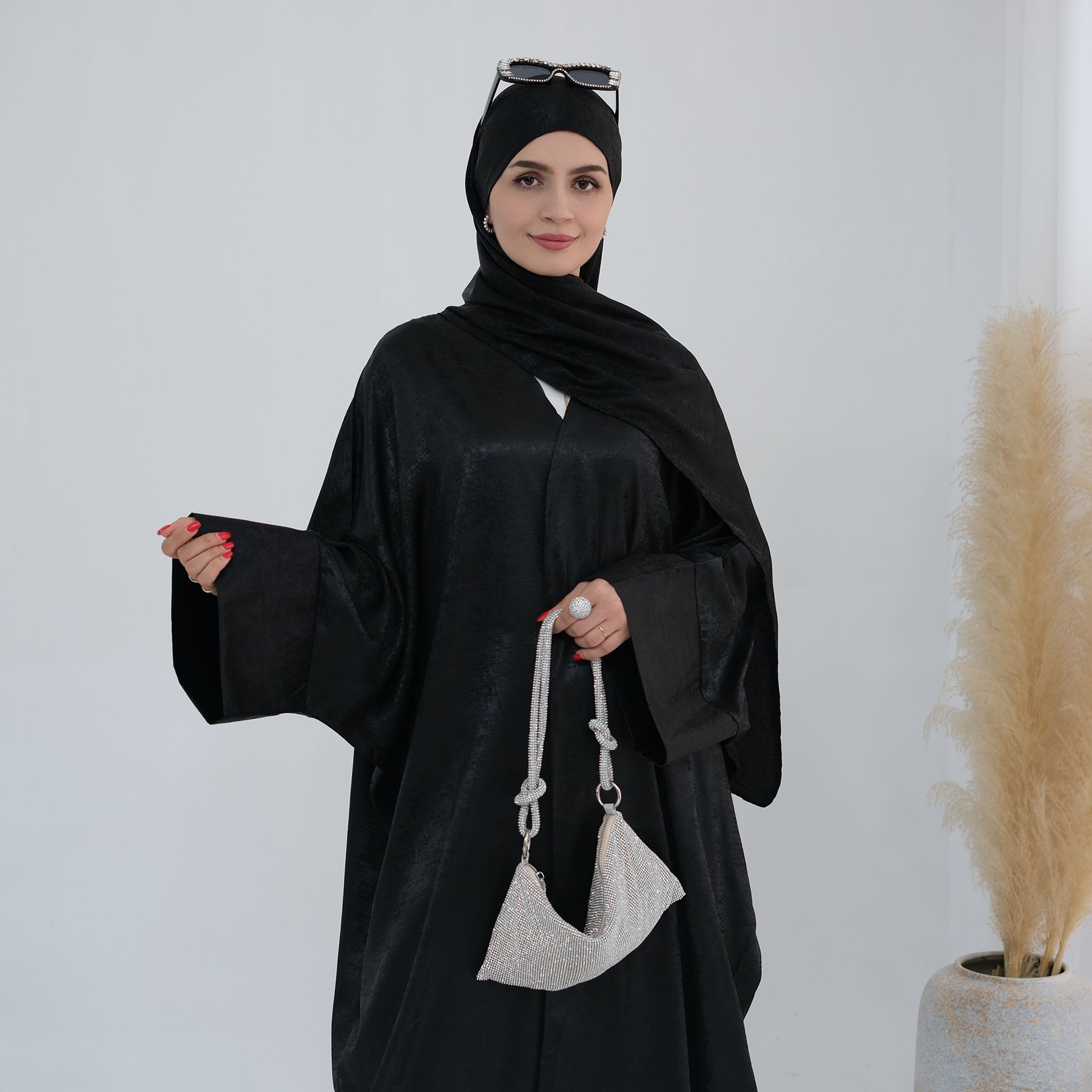 Draya Shimmer Kimono Open Abaya - Elegant Black Muslim Dress for Women | Perfect for Prayer, Evening Wear, and Special Occasions