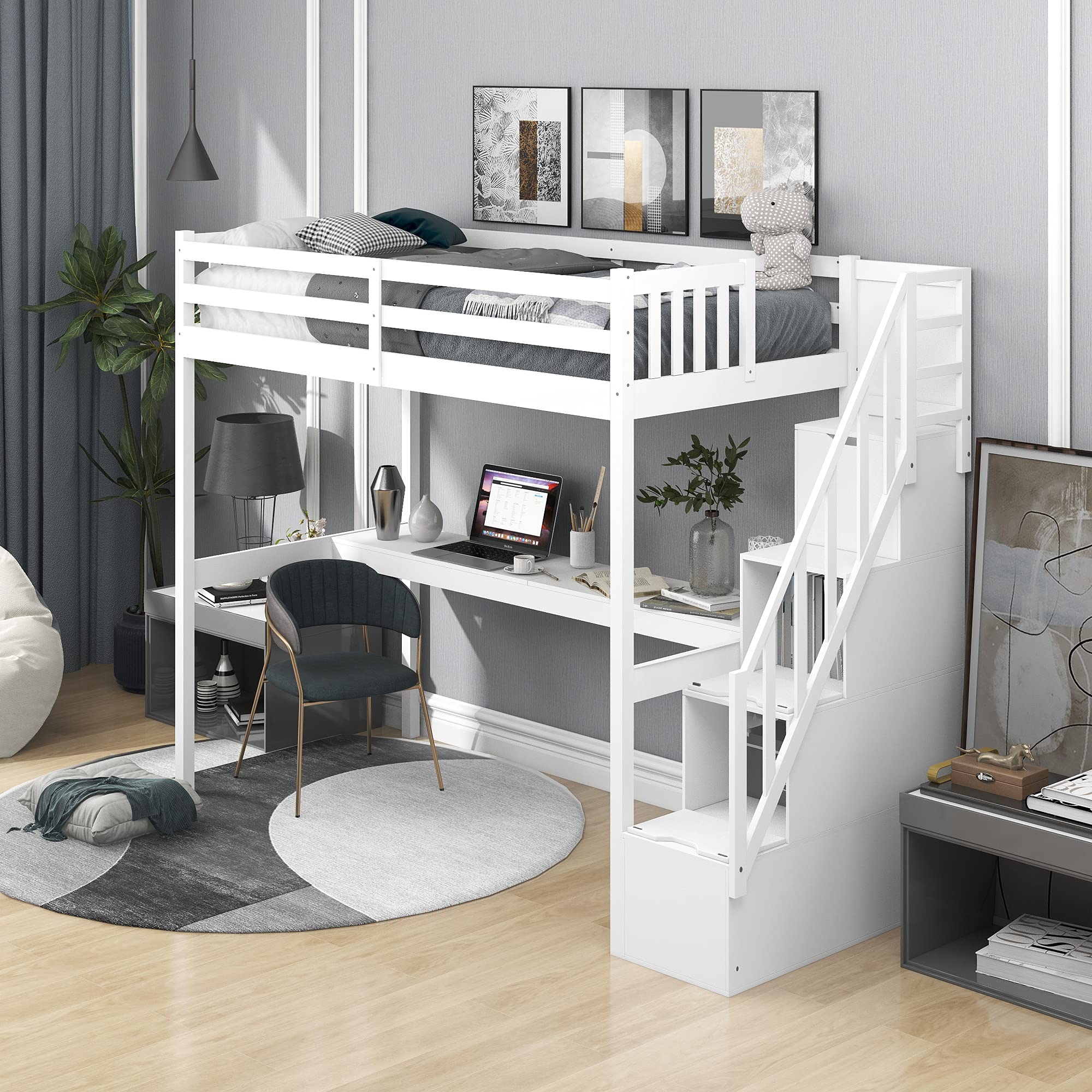 Rhomtree Twin Size Wooden Loft Bed Frame with Staircase & Built-in Study Desk - Space Saving Kids/Teen Bed for Small Rooms - No Box Spring Needed (White Finish)