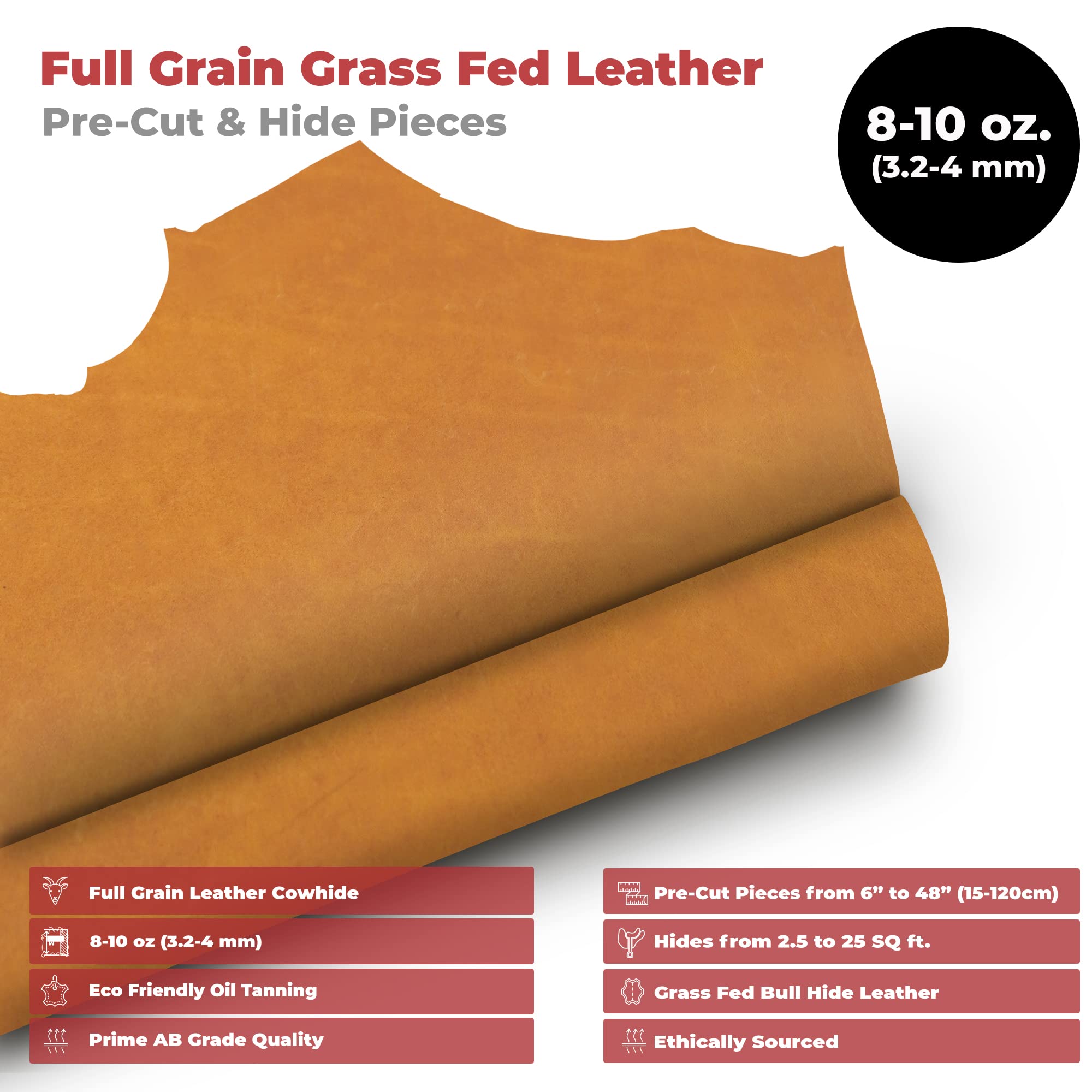 Premium ELW Grass-Fed Leather 8-10 oz (3-4mm) Heavy Duty Pre-Cut 24