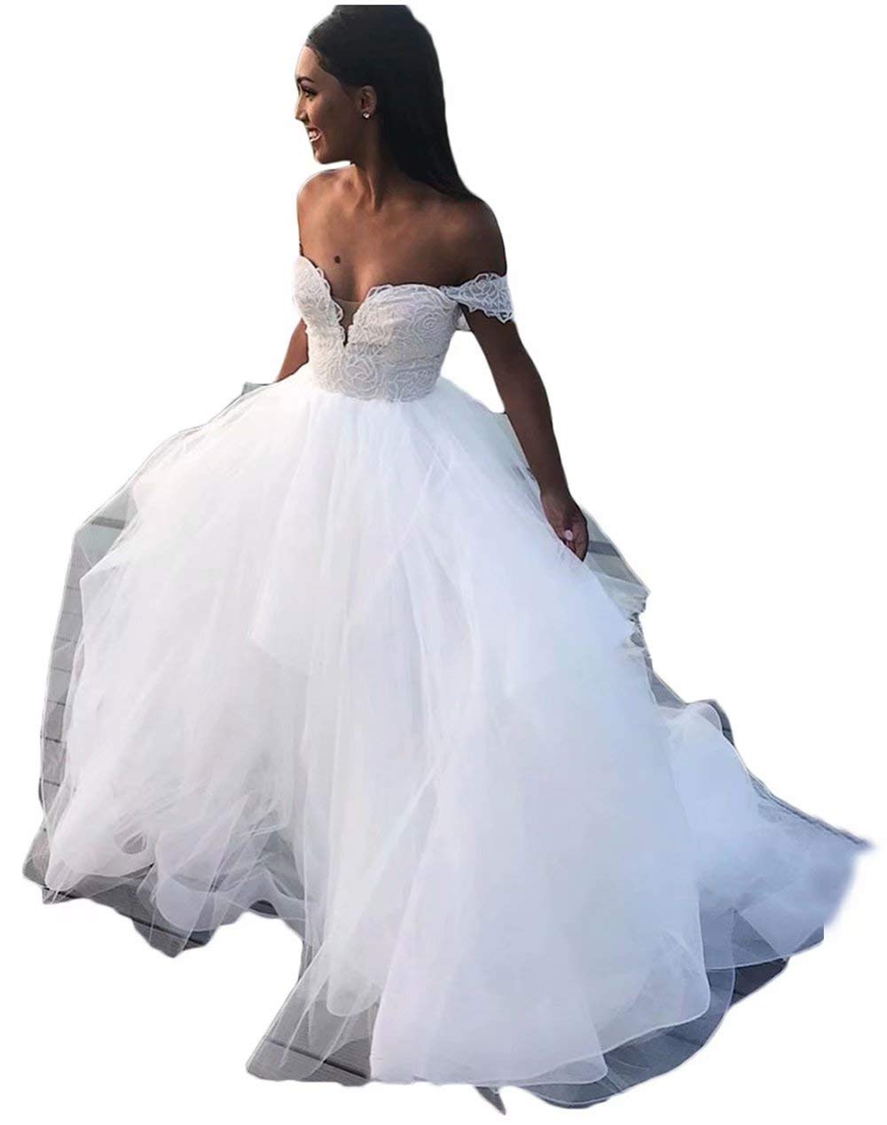 Elegant Off-The-Shoulder Lace Tulle Wedding Dresses for Bride - Beach Bridal Gowns for Women | Perfect for Beach Weddings, Outdoor Ceremonies & Romantic Photoshoots