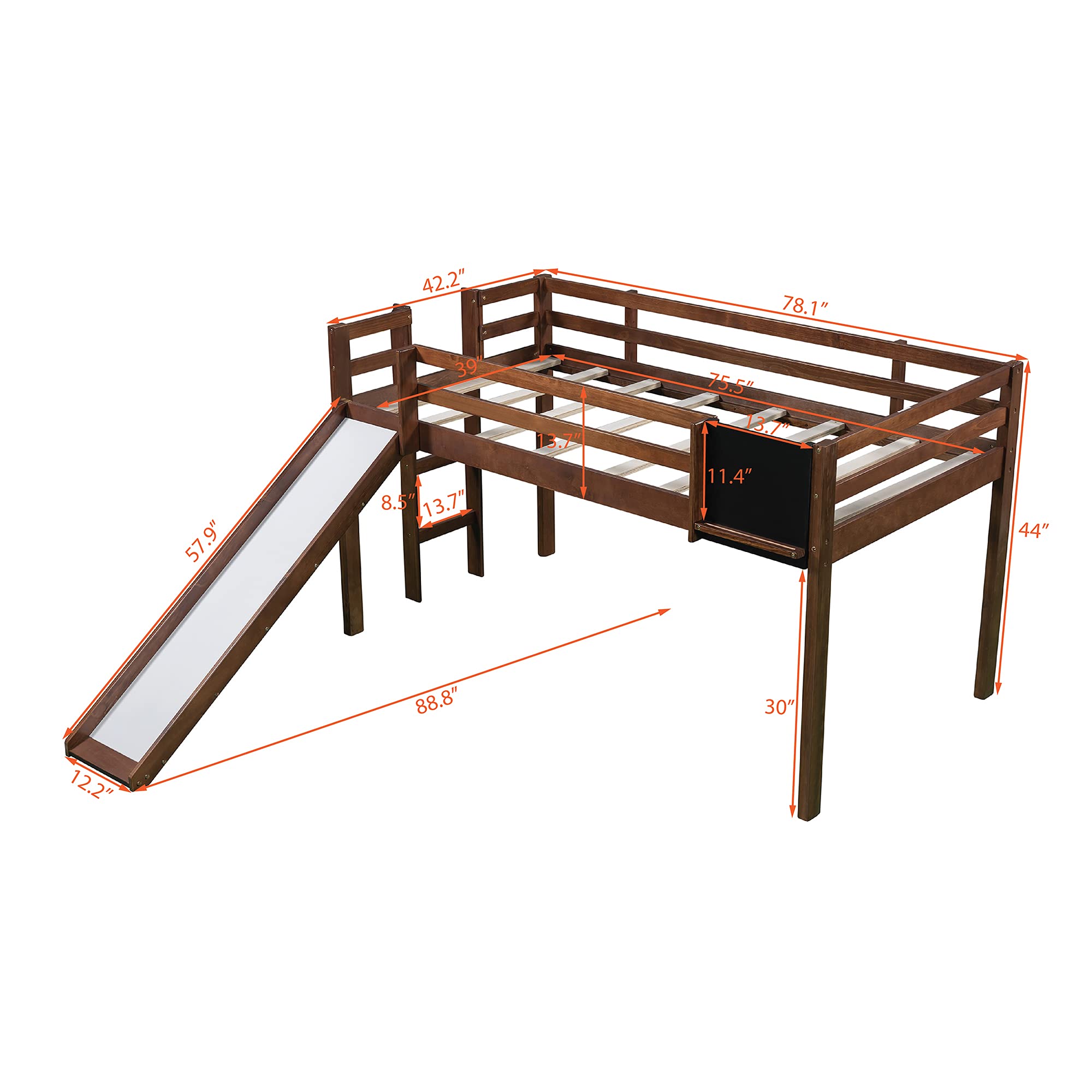 Twin Size Wood Loft Bed with Slide, Ladder & Chalkboard - Sturdy Kids & Teens Bunk Bed for Small Spaces - No Box Spring Needed - Perfect for Bedrooms, Dorms & Playrooms