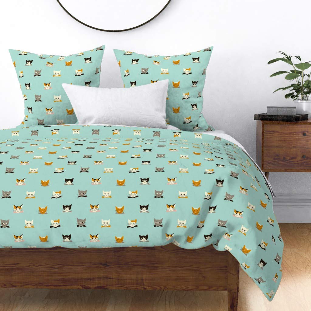 Vintage Kitties Cotton Sateen Duvet Cover Full/Queen Size - Retro Cat Print Mid Century Style Gender Neutral Bedding | Perfect for Nursery, Guest Room & Boho Chic Bedroom Decor