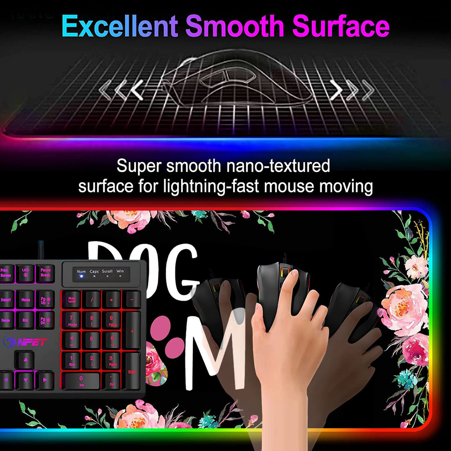 RGB Gaming Mouse Pad - Large LED Light-Up Desk Mat with Non-Slip Waterproof Surface | Floral Design for Gamers & Dog Lovers | Perfect for PC Gaming, Office Work & Home Decor