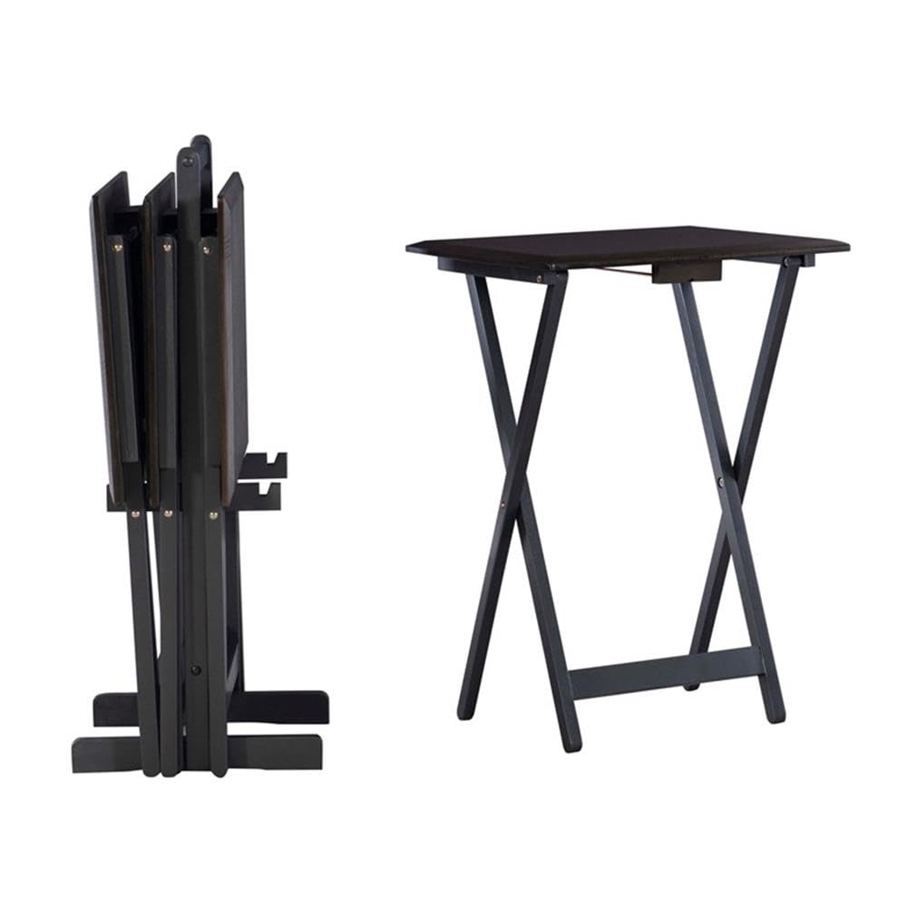 Linon Morris Folding Wood 5-Piece Tray Table Set with Stand - Brown Wooden Nesting Tables for Living Room, Bedroom & Outdoor Use