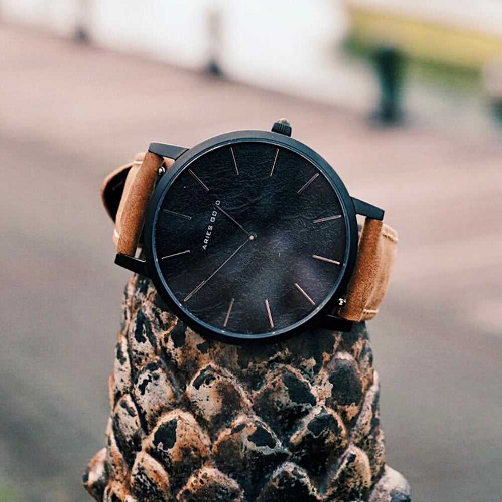 ARIES GOLD URBAN SANTOS Black Stainless Steel Women's Watch with Brown Leather Strap - Fashionable Timepiece for Casual Wear, Office & Special Occasions