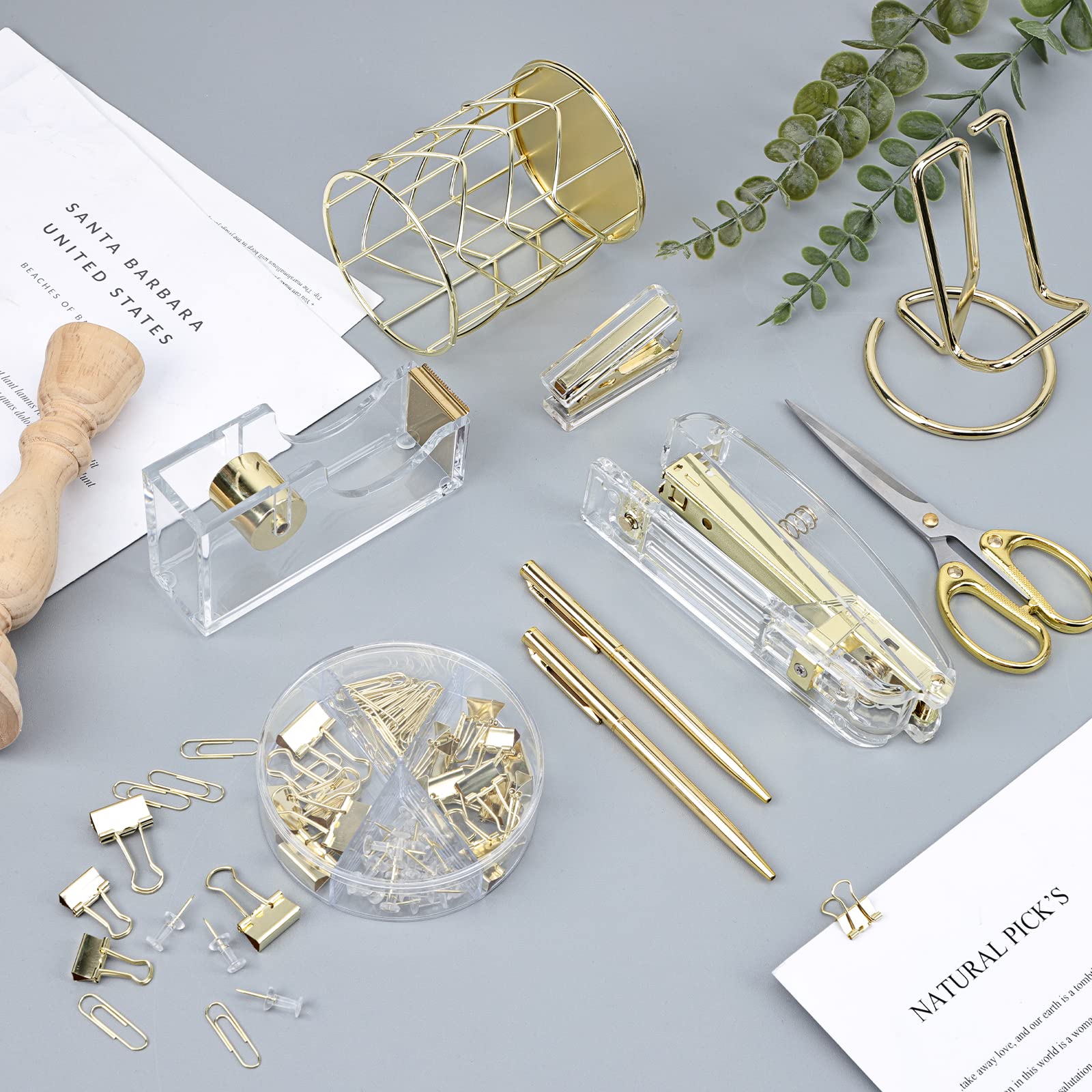 Premium Gold Office Supplies Set - Acrylic Stapler, Staple Remover, Phone Stand, Tape Dispenser, Pen Holder with 2 Ballpoint Pens, Scissors, Binder Clips, Ruler & Glue - Elegant Desk Organizer for Home Office, Workstation or Gift