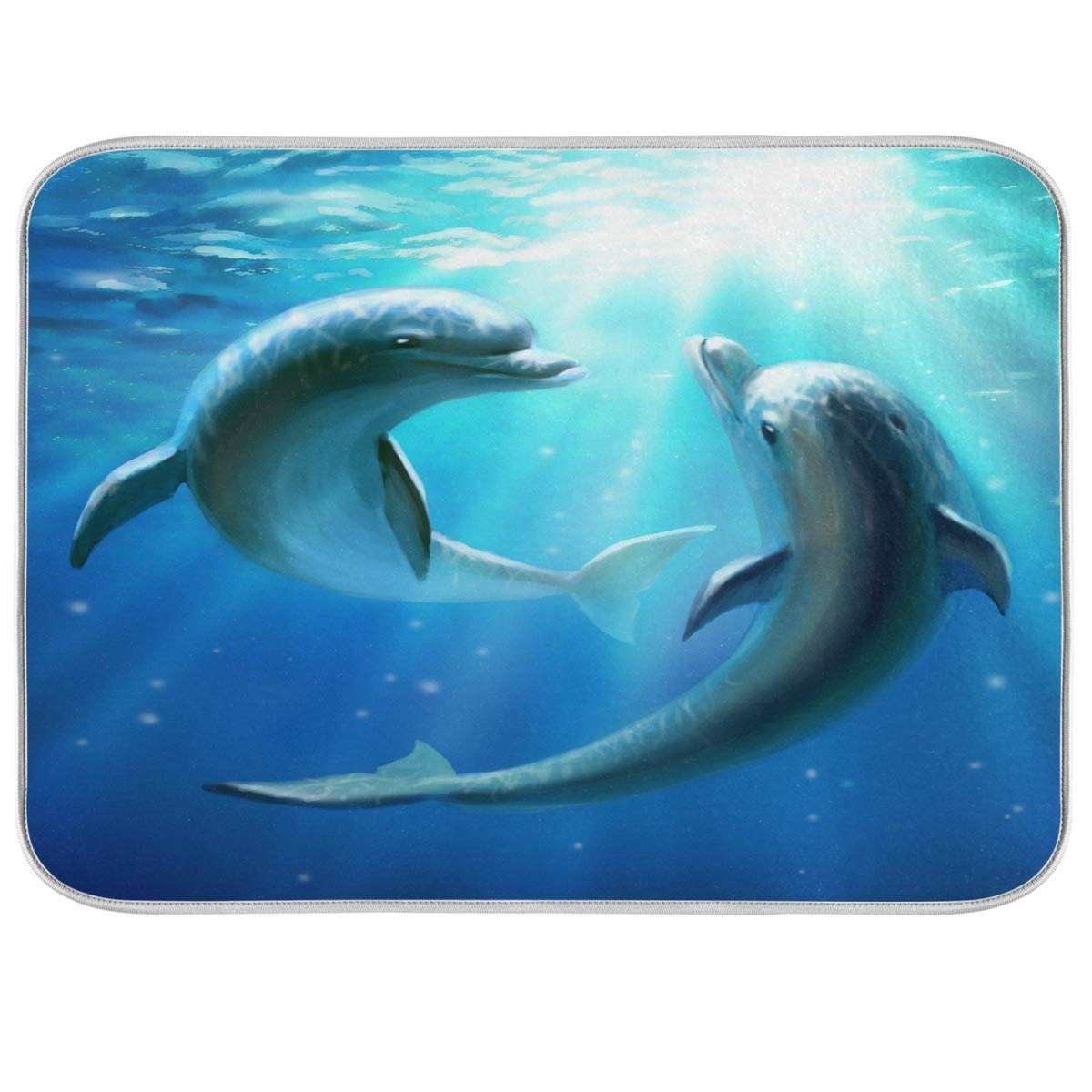 Blue Ocean Nautical Theme Dish Drying Mat 16x18 - Dolphins Underwater Design, Absorbent & Fast Dry Kitchen Accessories for Dishes, Perfect for Summer Beach House or Coastal Themed Kitchens