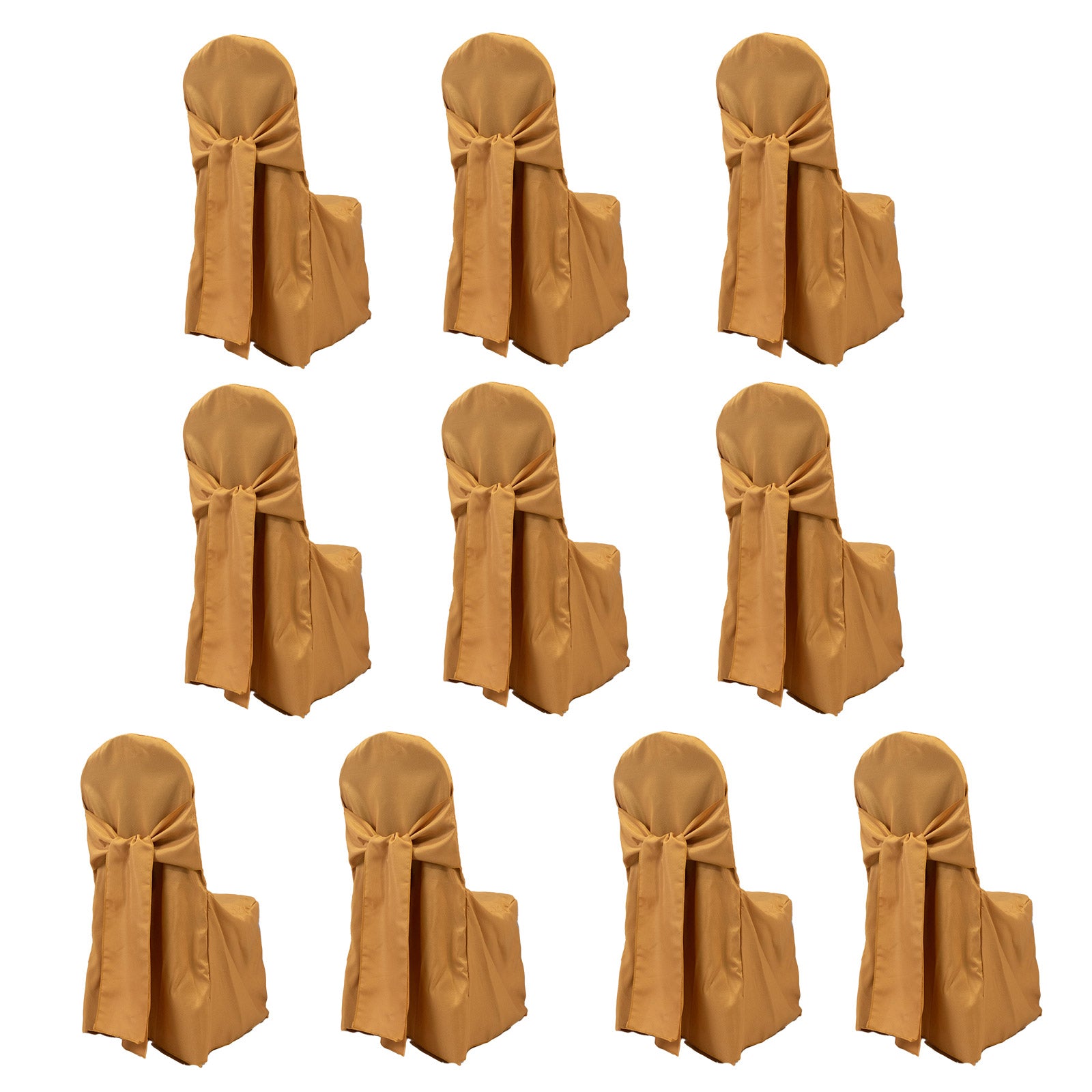 10 Pack Gold Polyester Slip-On Banquet Chair Covers with Attached Sashes - Reusable Stain Resistant Chair Covers for Wedding, Party & Event Decor - Perfect for Banquet Halls, Reception Venues & Special Occasions