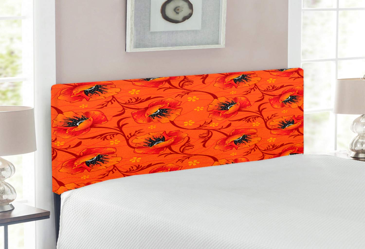 Ambesonne Orange Upholstered Headboard - Bohemian Poppy Flower Design, Full Size Memory Foam Bed Headboard in Burnt Orange & Yellow | Perfect for Bedroom Decor, Guest Rooms & Bohemian Style Homes