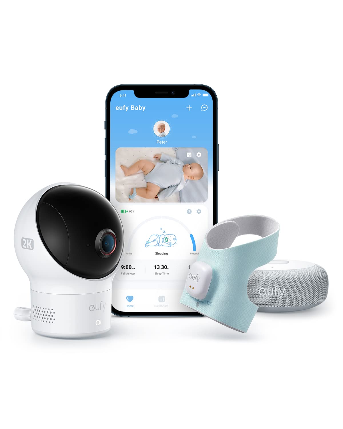 eufy Baby Smart Sock & 2K HD Baby Monitor with AI Cry Detection - Track Sleep Patterns, Heart Rate - Pan & Tilt Camera for Newborns 0-18 Months - Soft Comfortable Wear - No Monthly Fees - Perfect for Nursery, Daycare & Travel Monitoring