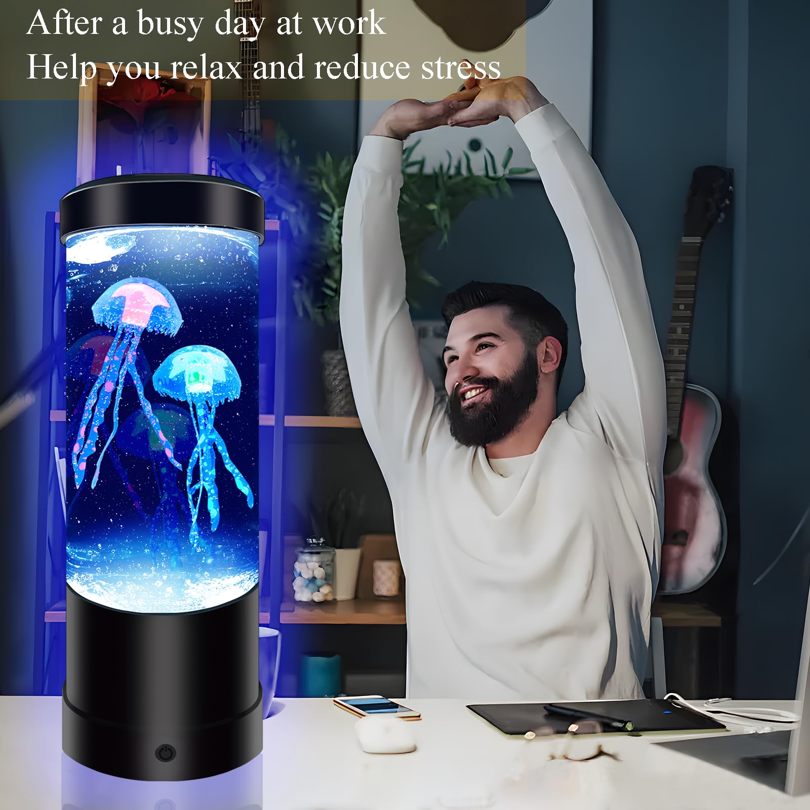 7 Color Changing Jellyfish Lamp - USB/Battery Powered Night Light, Aquarium Desk Lamp for Home, Bedroom, Office - Perfect Gift for Kids, Adults - Creates a Relaxing Ambiance for Study, Sleep & Meditation
