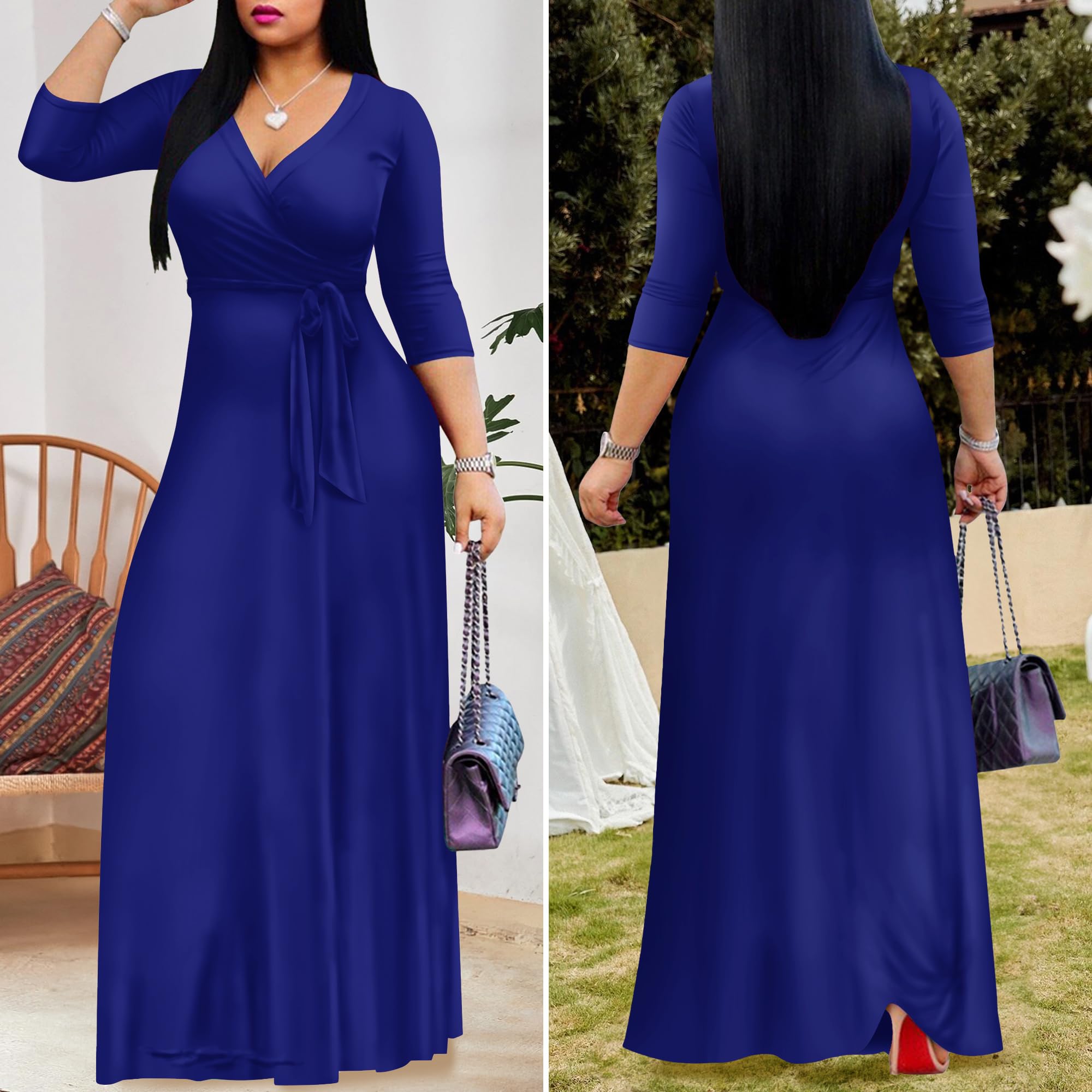 FANDEE Women's 2025 Maxi Dress - Solid Color Bohemian Summer Long Dress with V-Neck & 3/4 Sleeves | Beach Wedding, Vacation, Party Wear | Flowy Casual & Elegant Outfit