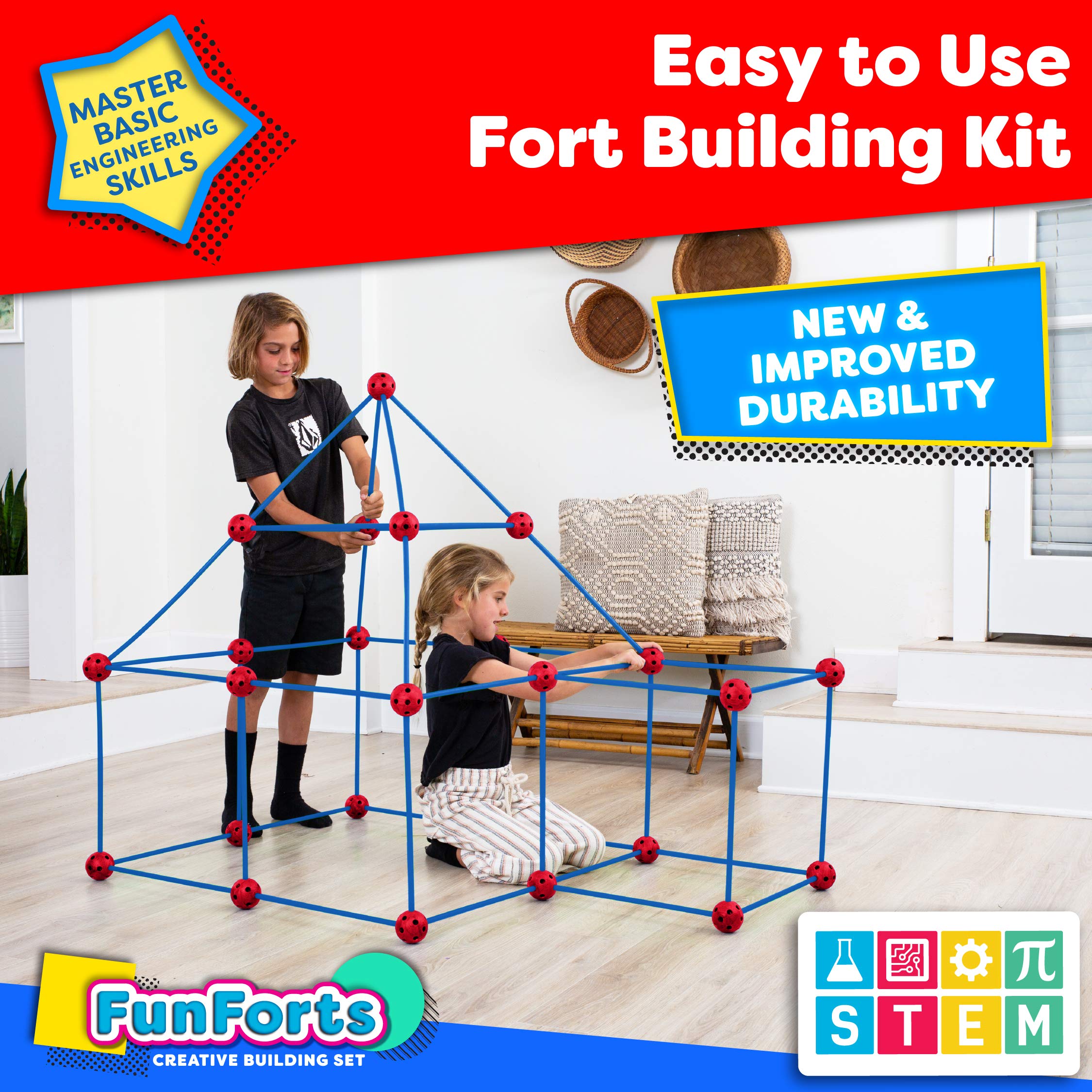 81-Piece STEM Fort Building Kit for Kids - Fun Fun Forts Play Tent with 53 Rods & 28 Spheres | Indoor/Outdoor Construction Toys | Educational STEM Learning & Creative Play (Red & Blue)