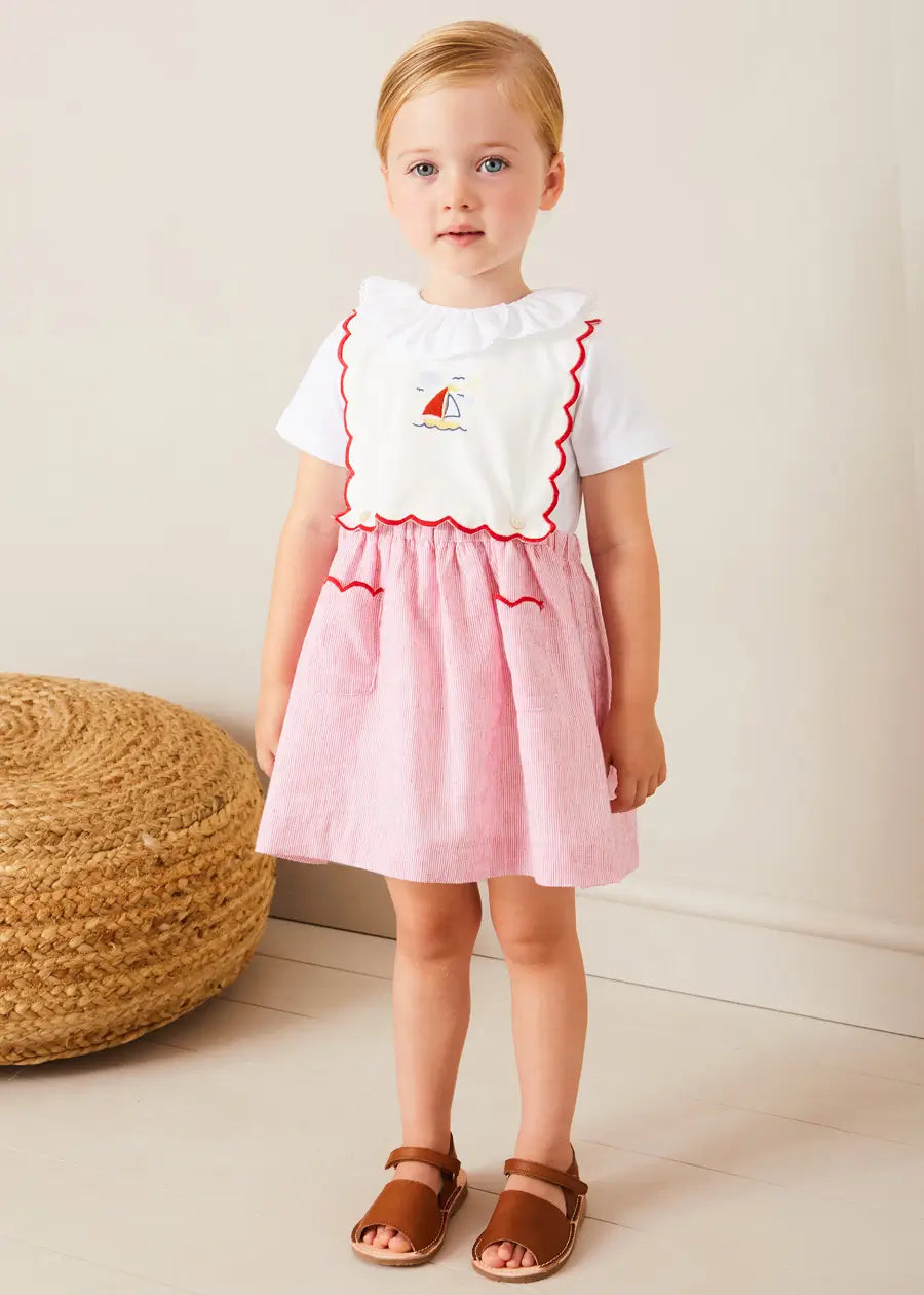 Lawrence Striped Boat Embroidered Scallop Detail Pinafore Skirt for Girls - Red (18 Months to 4 Years) | Perfect for Summer Outfits, Photoshoots & Special Occasions