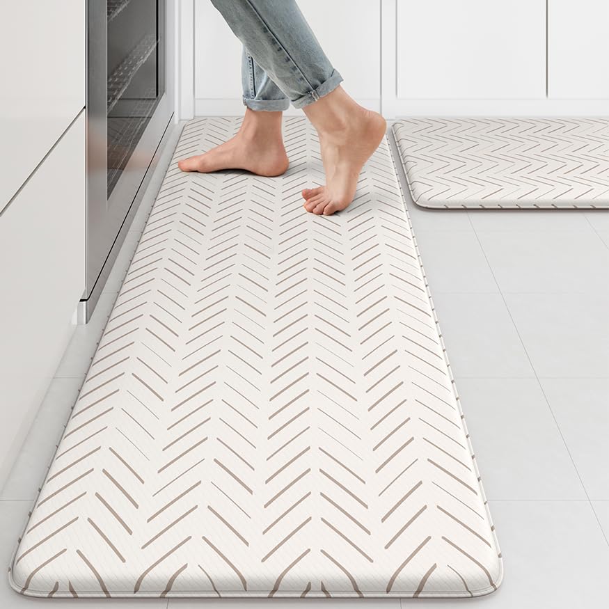 KIMODE Anti-Fatigue Kitchen Mats Set of 2 - Non-Slip Cushioned Floor Mats for Standing Desk, Office & Laundry Room - Waterproof Comfort Foam Rug in Light Brown/Beige - Perfect for Sink Areas, Cooking & Workstations