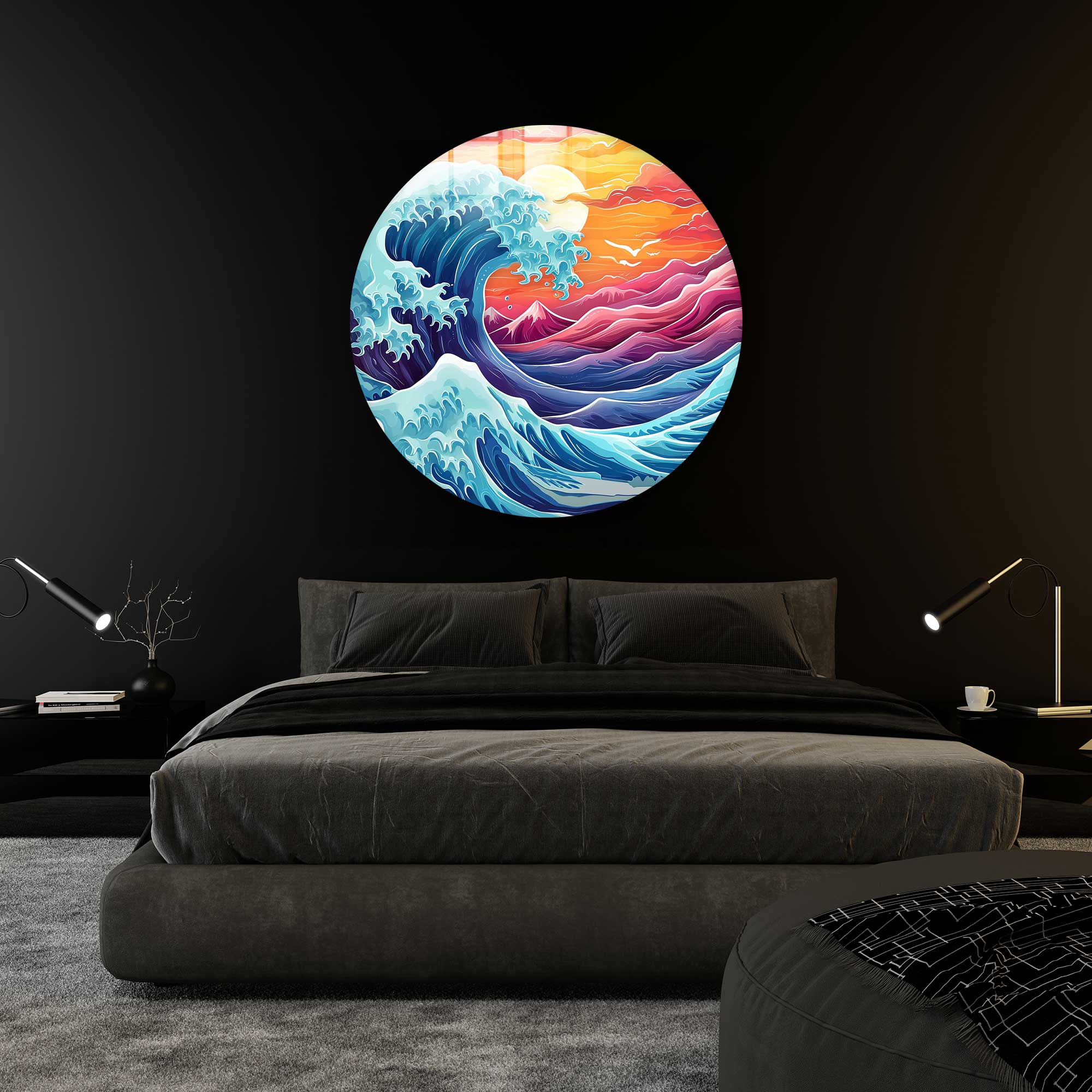 Great Wave Rounded Glass Wall Art - Japanese Ocean Wave Decor for Living Room, Bedroom & Office - Modern Home & Office Decoration