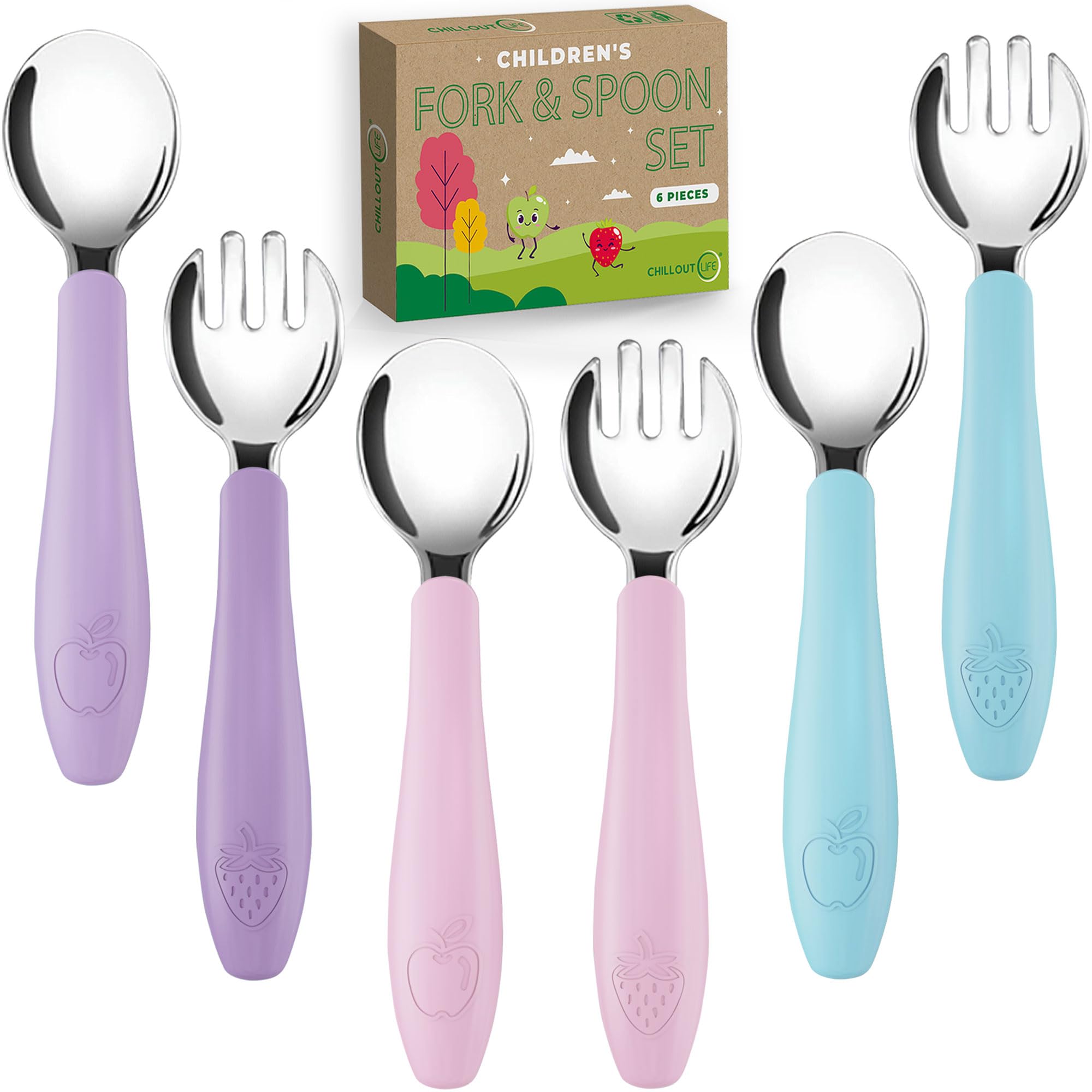 CHILLOUT LIFE Toddler Utensil Set - BPA Free Stainless Steel Baby Forks & Spoons with Soft Silicone Handle - Safe Self Feeding Cutlery for Kids - Dishwasher Safe - Perfect for Home, Travel & Daycare Use