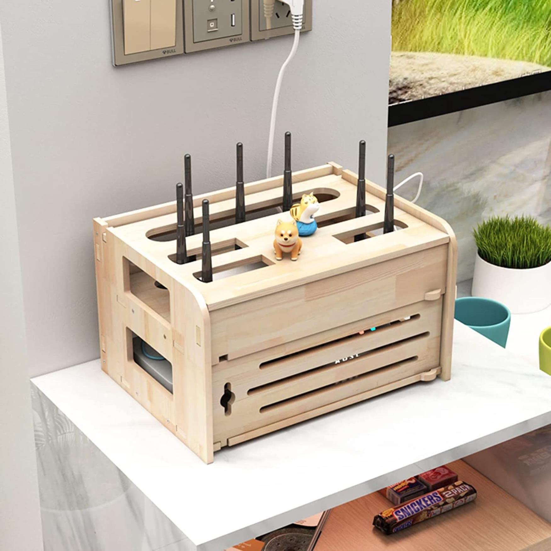 Wooden WiFi Router Storage Box with Wall Mount - Cable Management Organizer for Routers, Modems, TV Set-Top Boxes & Wires - Perfect for Home Office, Living Room & Entertainment Center Organization