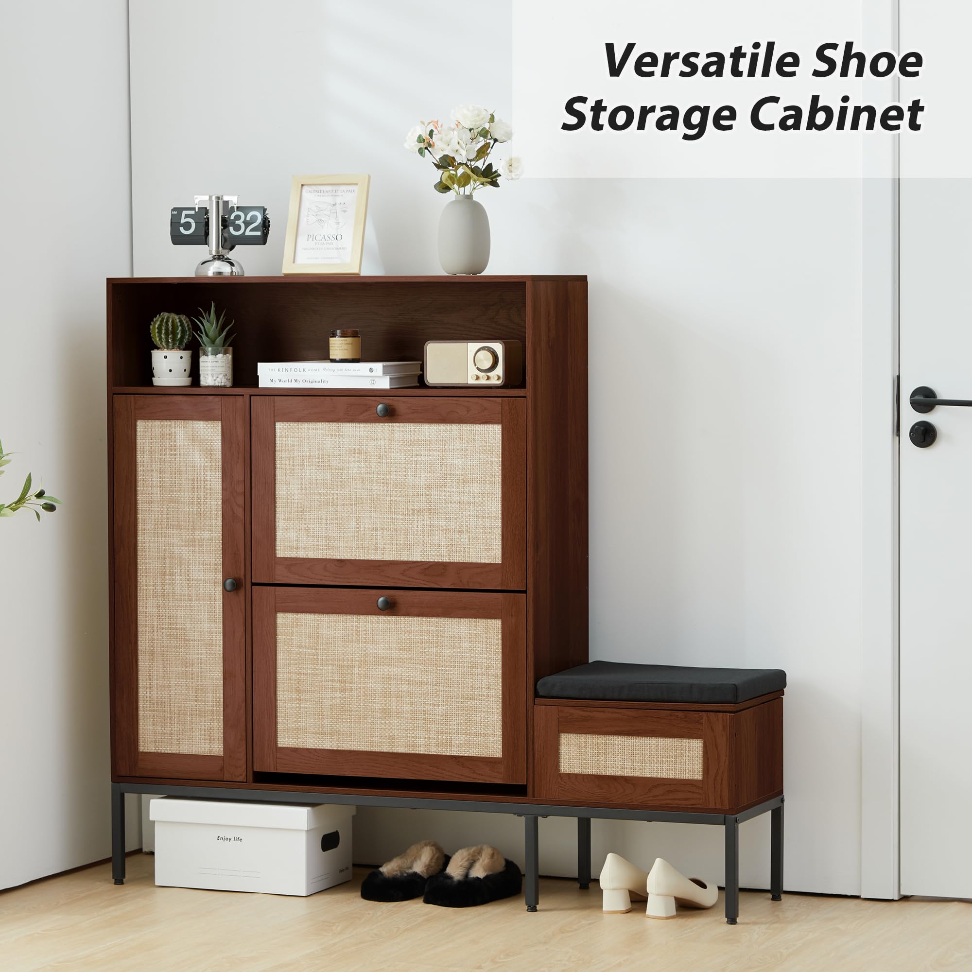 Modern Shoe Storage Cabinet with 2 Flip Drawers & Rattan Door - Entryway Bench with Hidden Space, Shoe Rack Organizer for Hallway, Living Room, Bedroom (Walnut) - Perfect for Small Spaces & Shoe Lovers