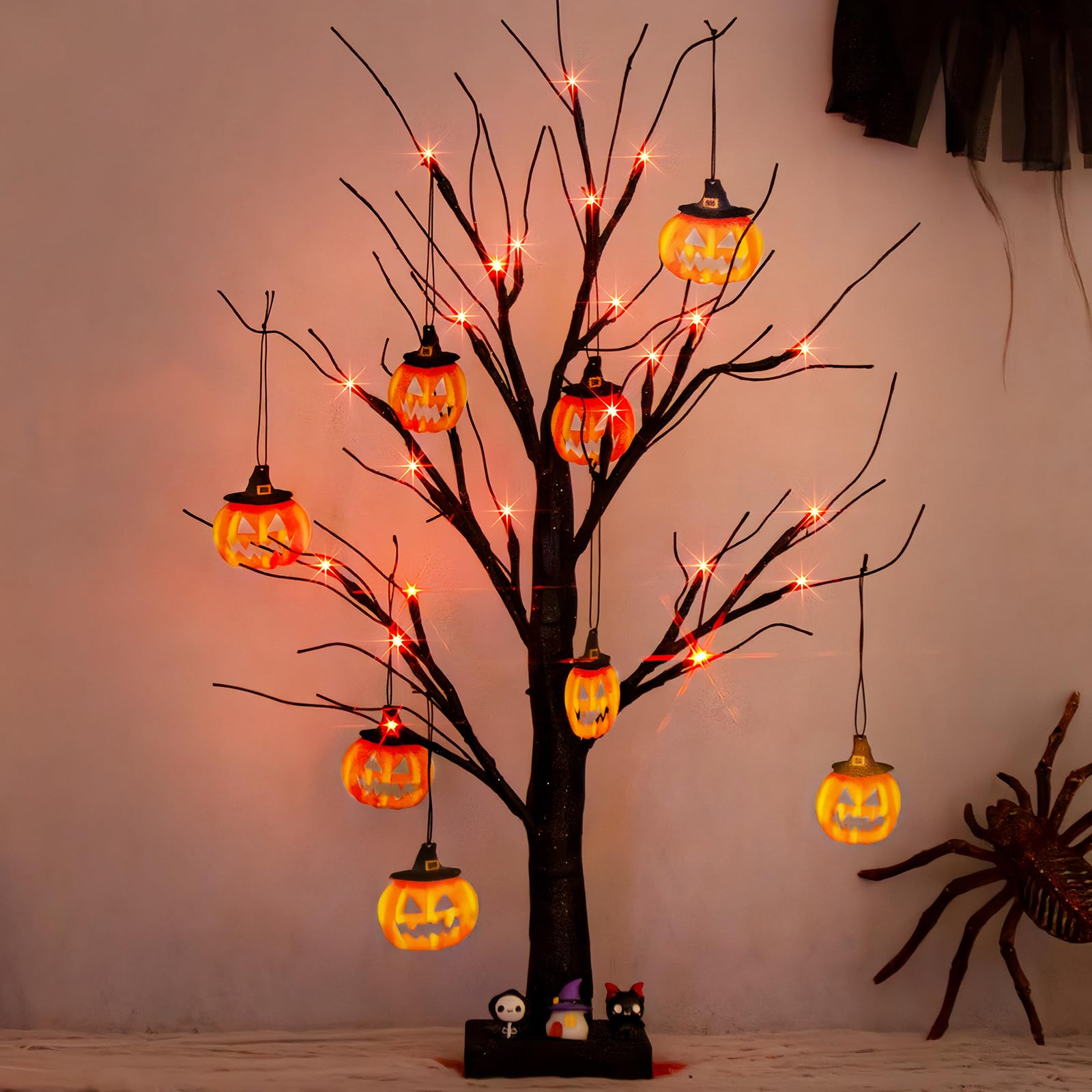 PEIDUO 2FT Halloween Tree with 24 Orange LED Lights & 8 Pumpkin Ornaments - Battery Powered Black Halloween Decor with Timer - Perfect for Indoor Home, Desk, Table, and Party Decorations