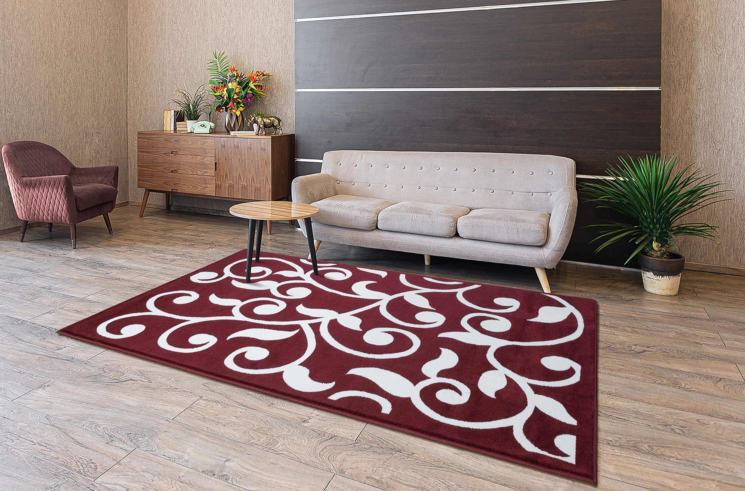 SussexHome Red 4x6 ft Leaves Pattern Area Rug - Non-Slip Kitchen, Living Room, Bedroom & Runner Rug - Machine Washable Indoor Rug for Kids & Home Decor