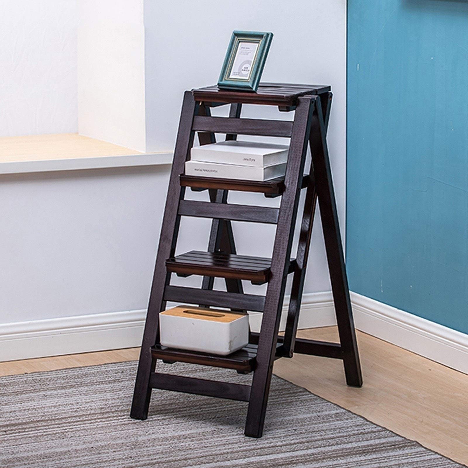 4-Step Wooden Folding Step Stool for Kitchen, Library - Portable, Multi-Purpose Indoor Climbing Stool with Non-Slip Surface - Perfect for Home, Office, and Storage Organization