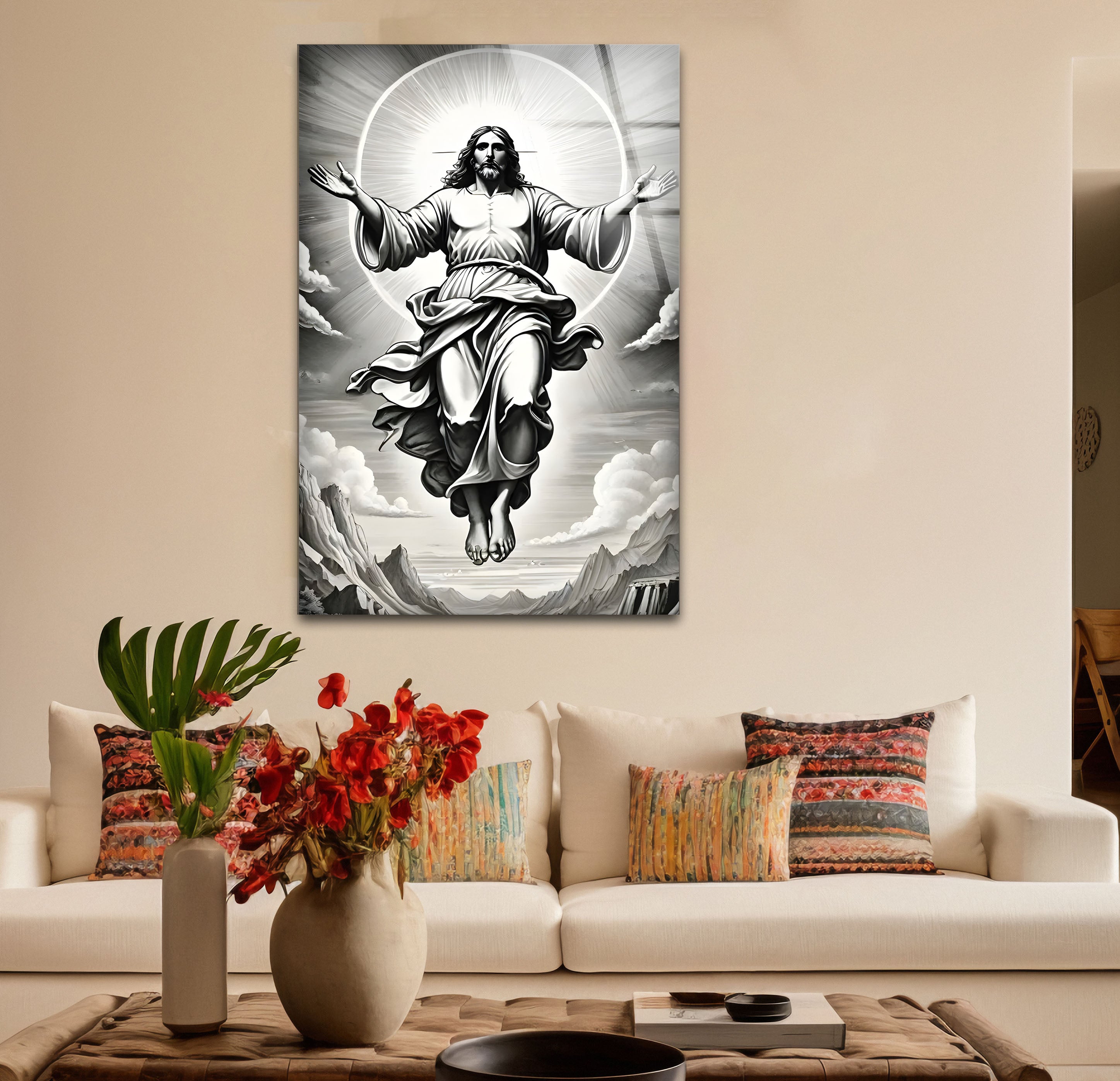 Black and White Jesus Christ Glass Wall Art - Religious Home Decor for Living Room, Bedroom & Church