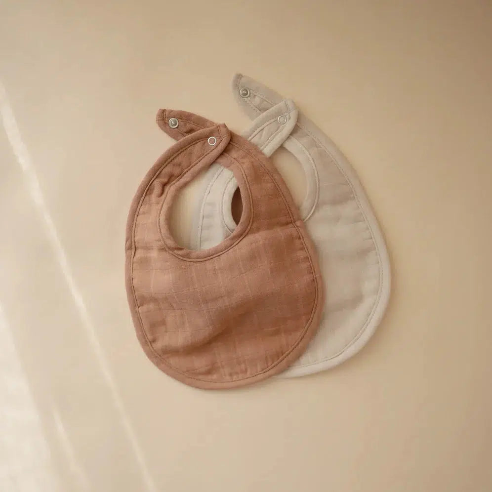Mushie Organic Cotton Muslin Bibs 2 Pack - Tan & Fog | Soft Baby Drool Bibs for Feeding, Teething & Messy Play | Eco-Friendly & Absorbent for Infants & Toddlers
